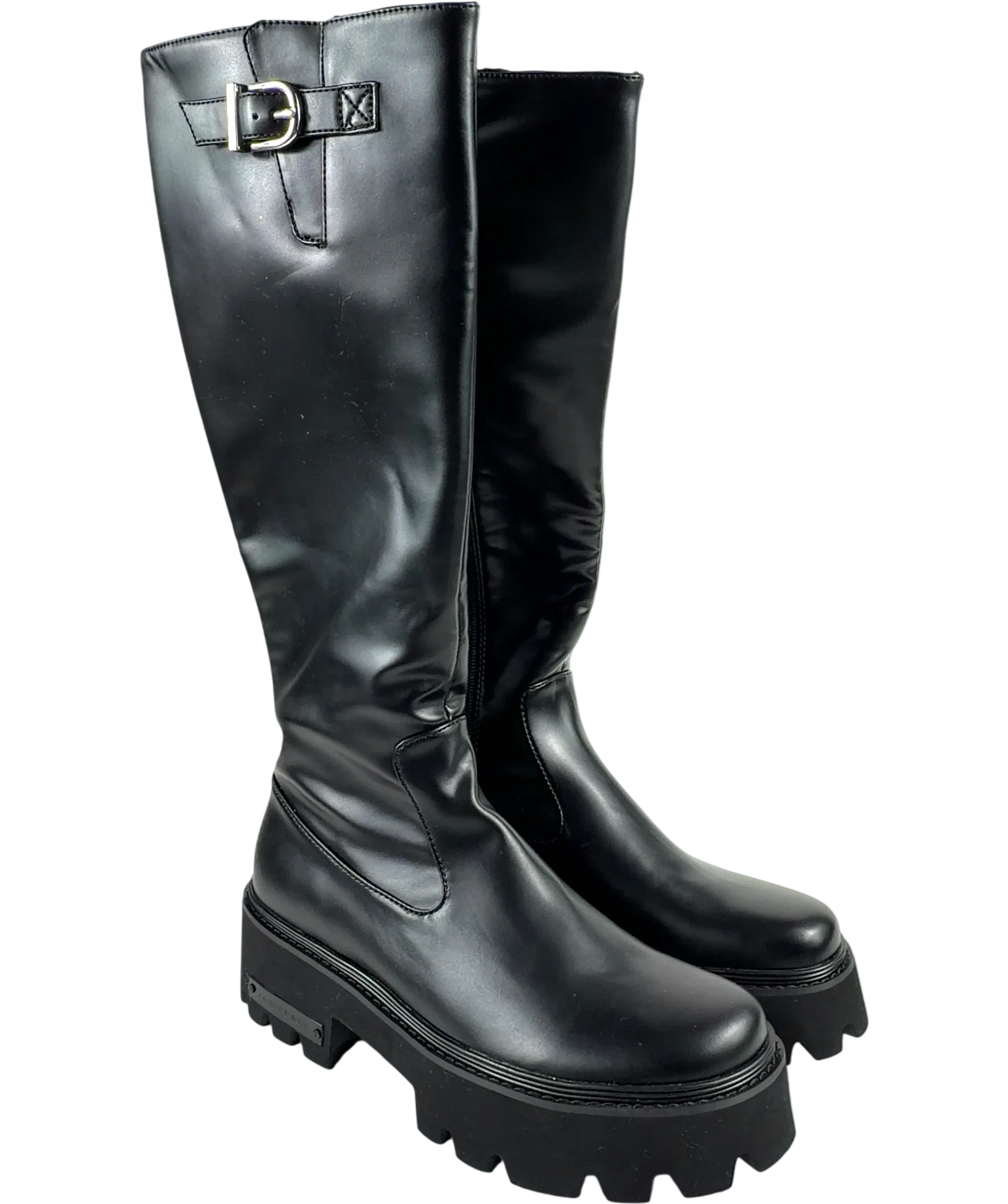 Charles & Keith Black Imogen Side-Buckle Chunky Knee-High Boots, size UK 5 EU 38 👠 — front