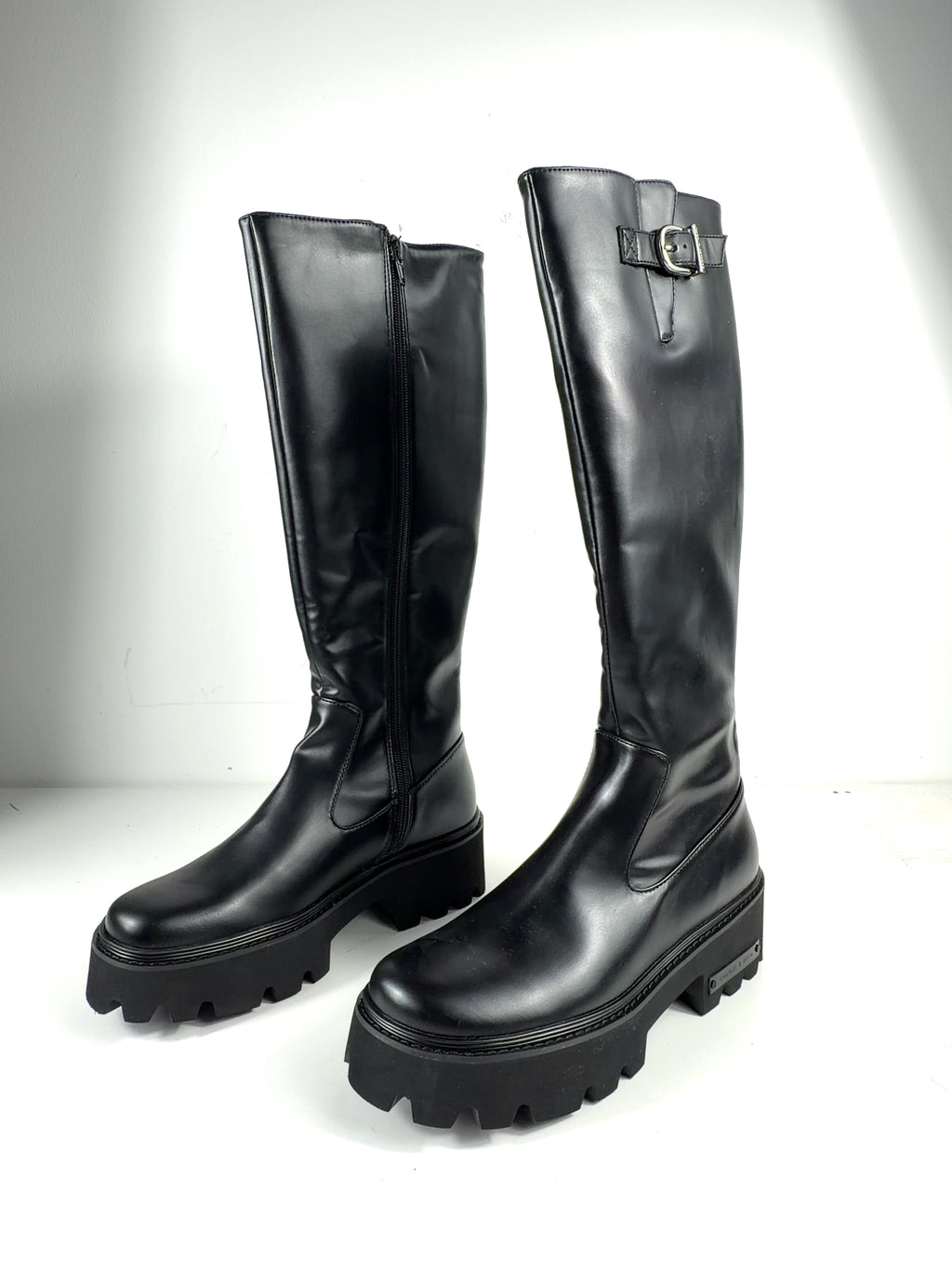 Charles & Keith Black Imogen Side-Buckle Chunky Knee-High Boots, size UK 5 EU 38 👠 — label