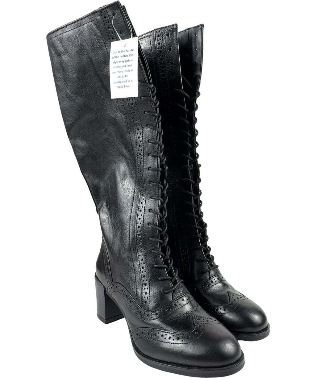 Joe Browns Black Stand Out Tall Leather Lace Up Knee High Boots, size UK 5 EU 38 👠 — front