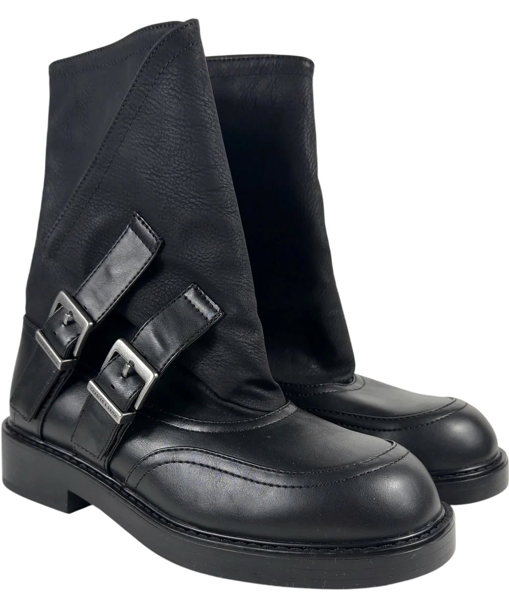 Charles & Keith Black double-buckle calf boots, size UK 5 EU 38 👠 — front