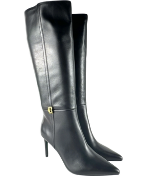 Holland Cooper London Heeled Boots in Black leather with Gold HC Monogram UK 8