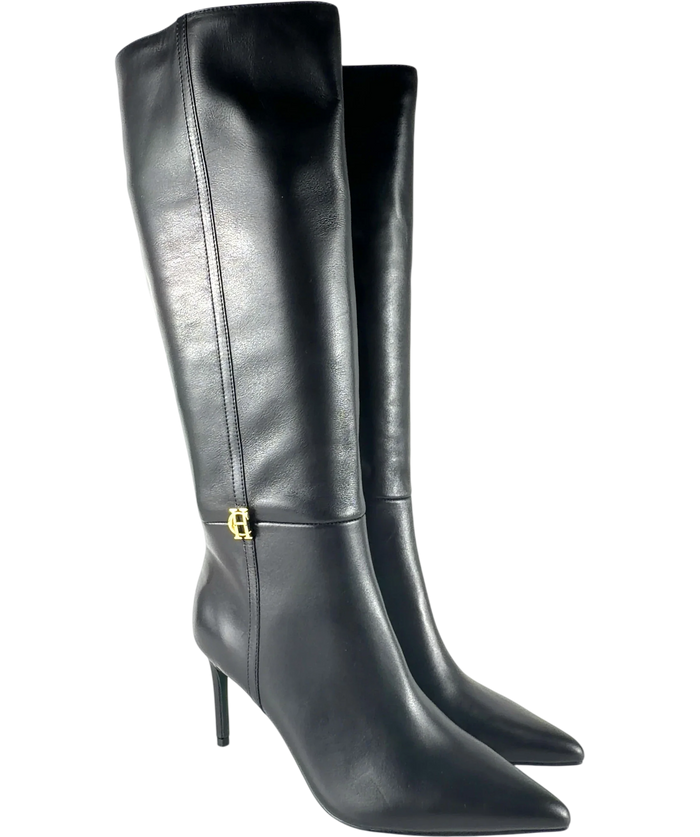 Holland Cooper London Heeled Boots in Black leather with Gold HC Monogram UK 8