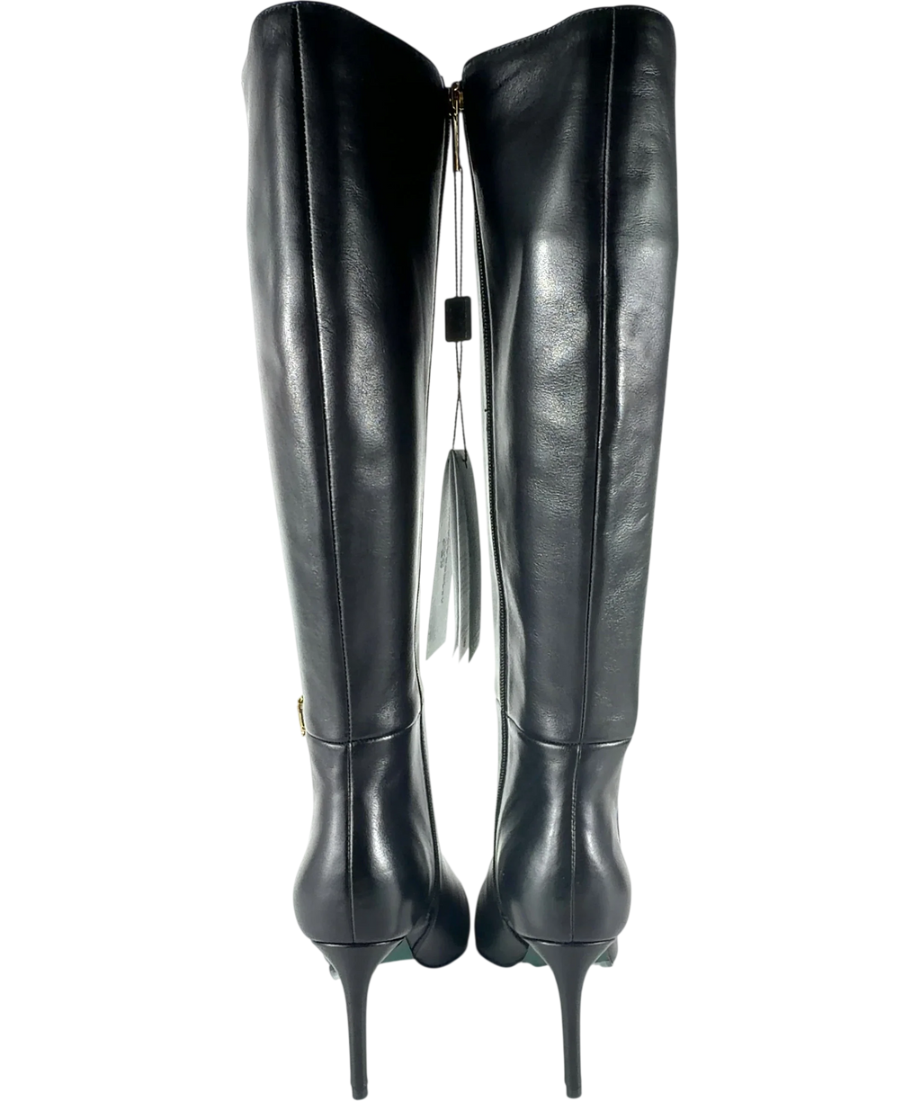 Holland Cooper London Heeled Boots in Black leather with Gold HC Monogram UK 8 — Back