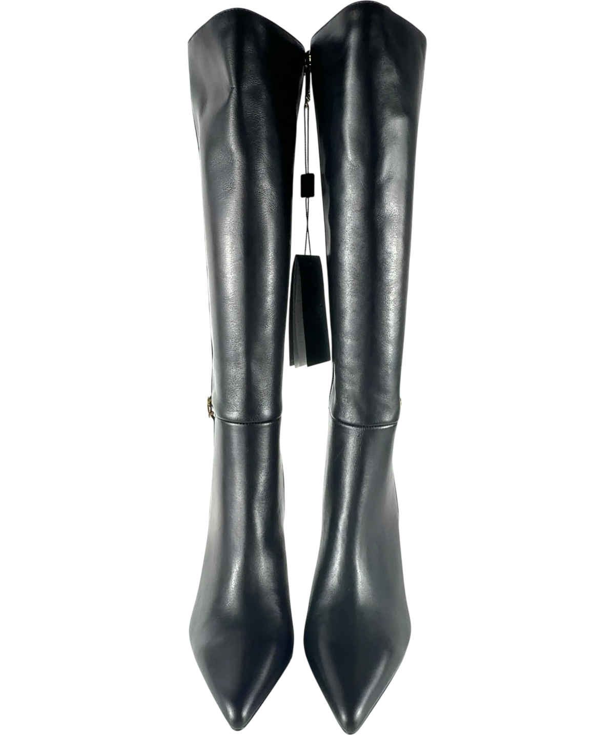 Holland Cooper London Heeled Boots in Black leather with Gold HC Monogram UK 8 — Front (both, face on)