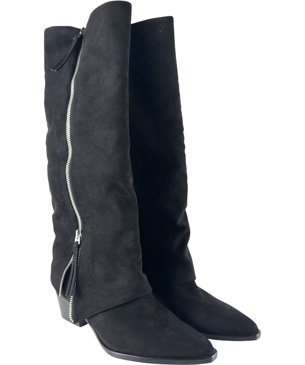Charles & Keith Black faux-suede slouchy knee-high boots, size UK 5 EU 38 👠 — front