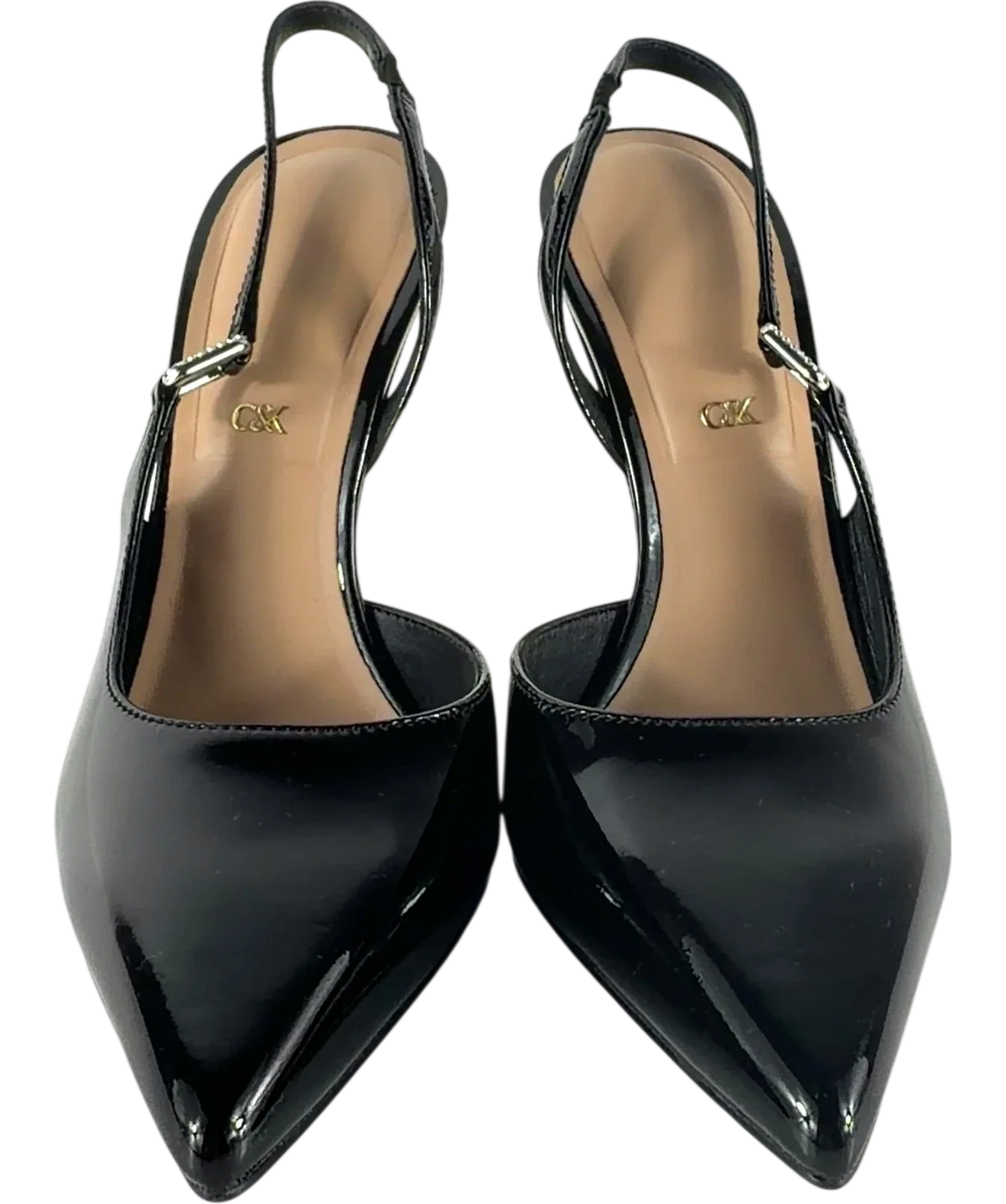 Charles & Keith Patent Pointed Slingback Pumps Black UK 5 — Front (both, face on)