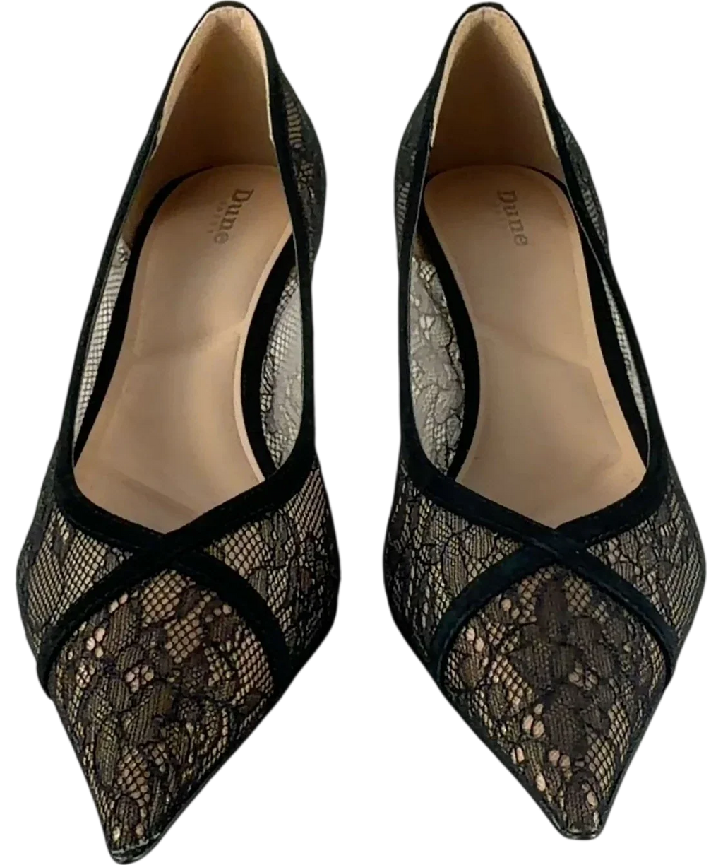 Dune Ascend Black Lace Kitten Heel Shoes UK 6 — Front (both, face on)