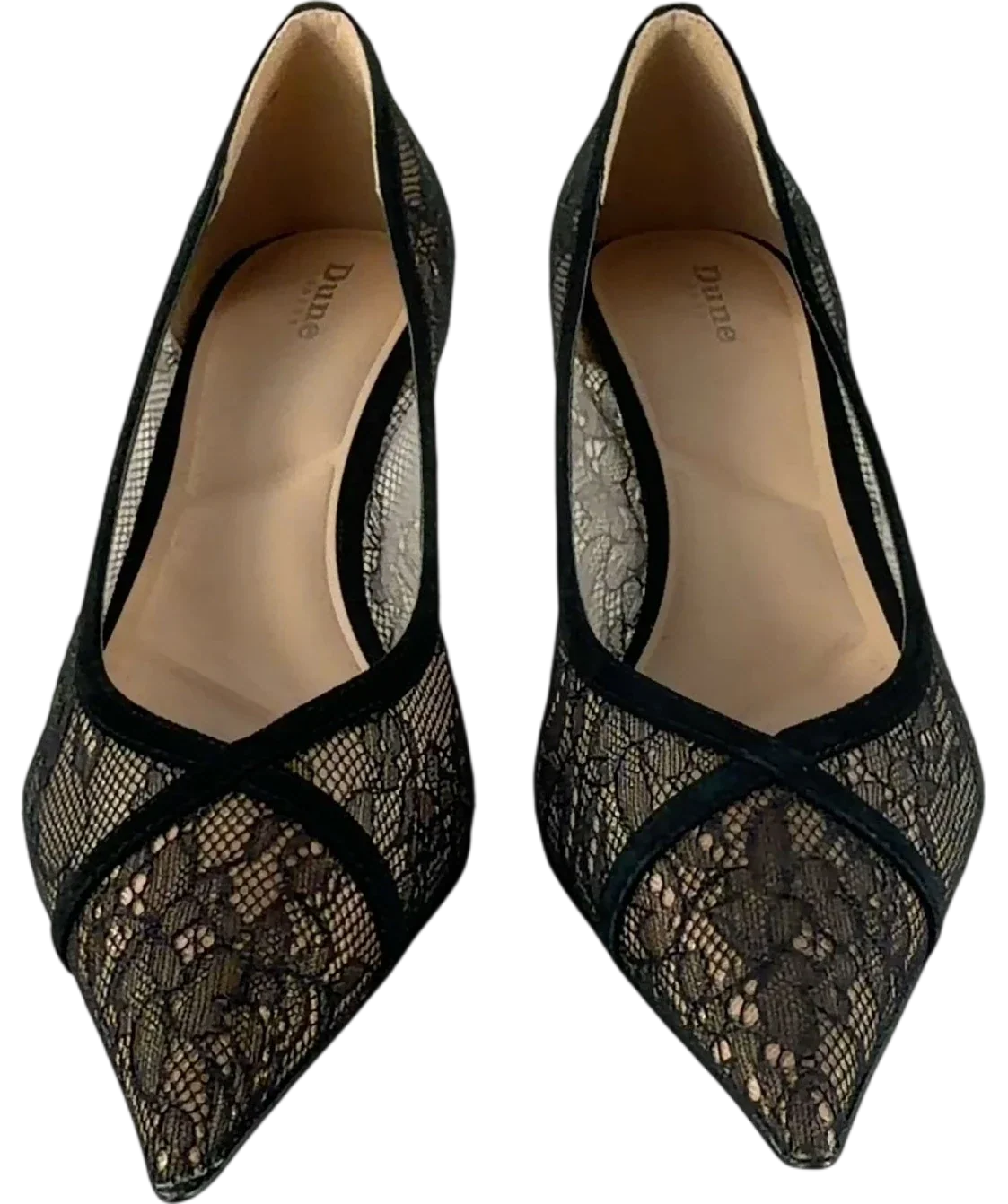 Dune Ascend Black Lace Kitten Heel Shoes UK 6 — Front (both, face on)