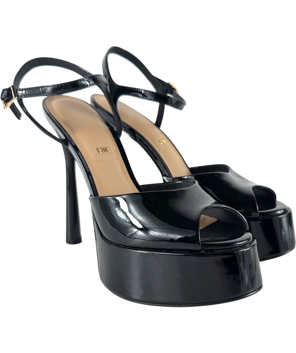 Charles & Keith Black Francesca Patent Leather Peep-Toe Platform Heels, size UK 5 EU 38 👠 — front