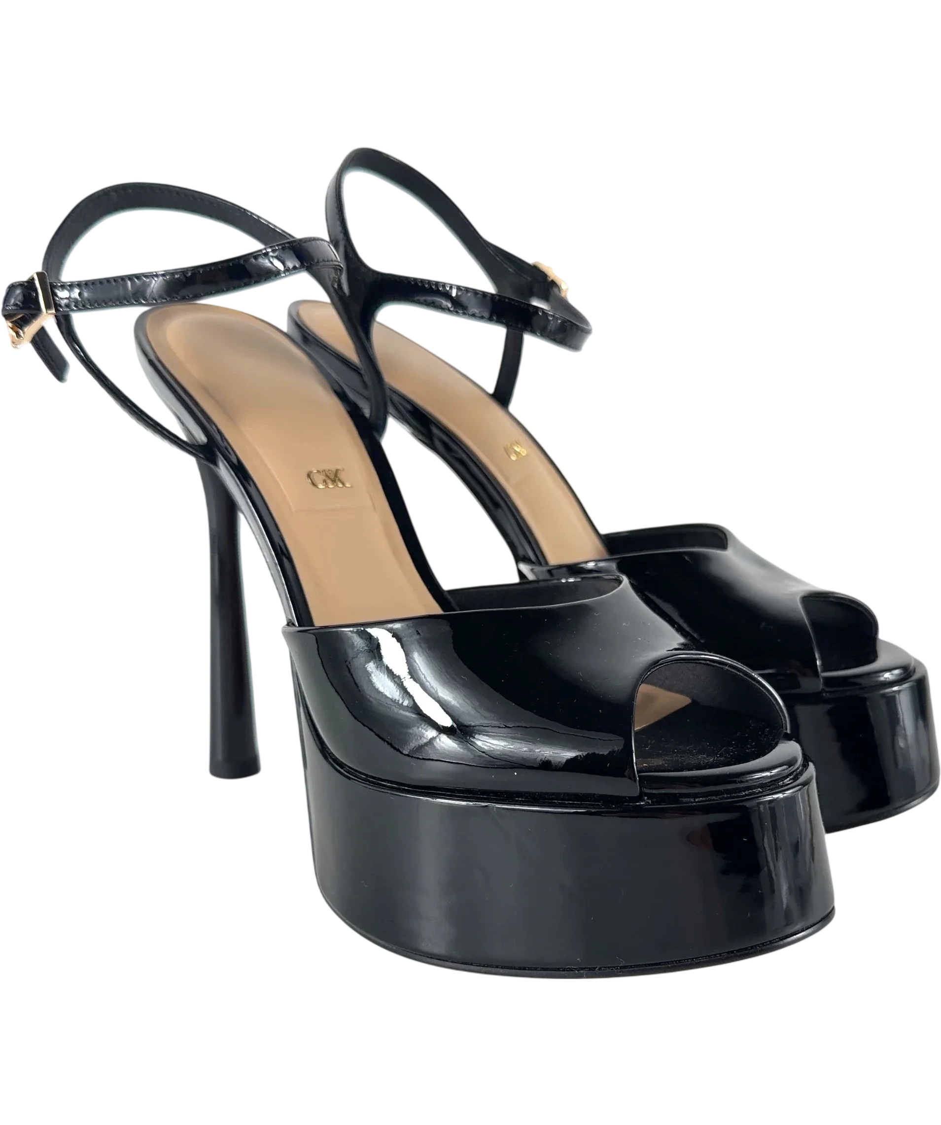 Charles & Keith Black Francesca Patent Leather Peep-Toe Platform Heels, size UK 5 EU 38 👠 — front