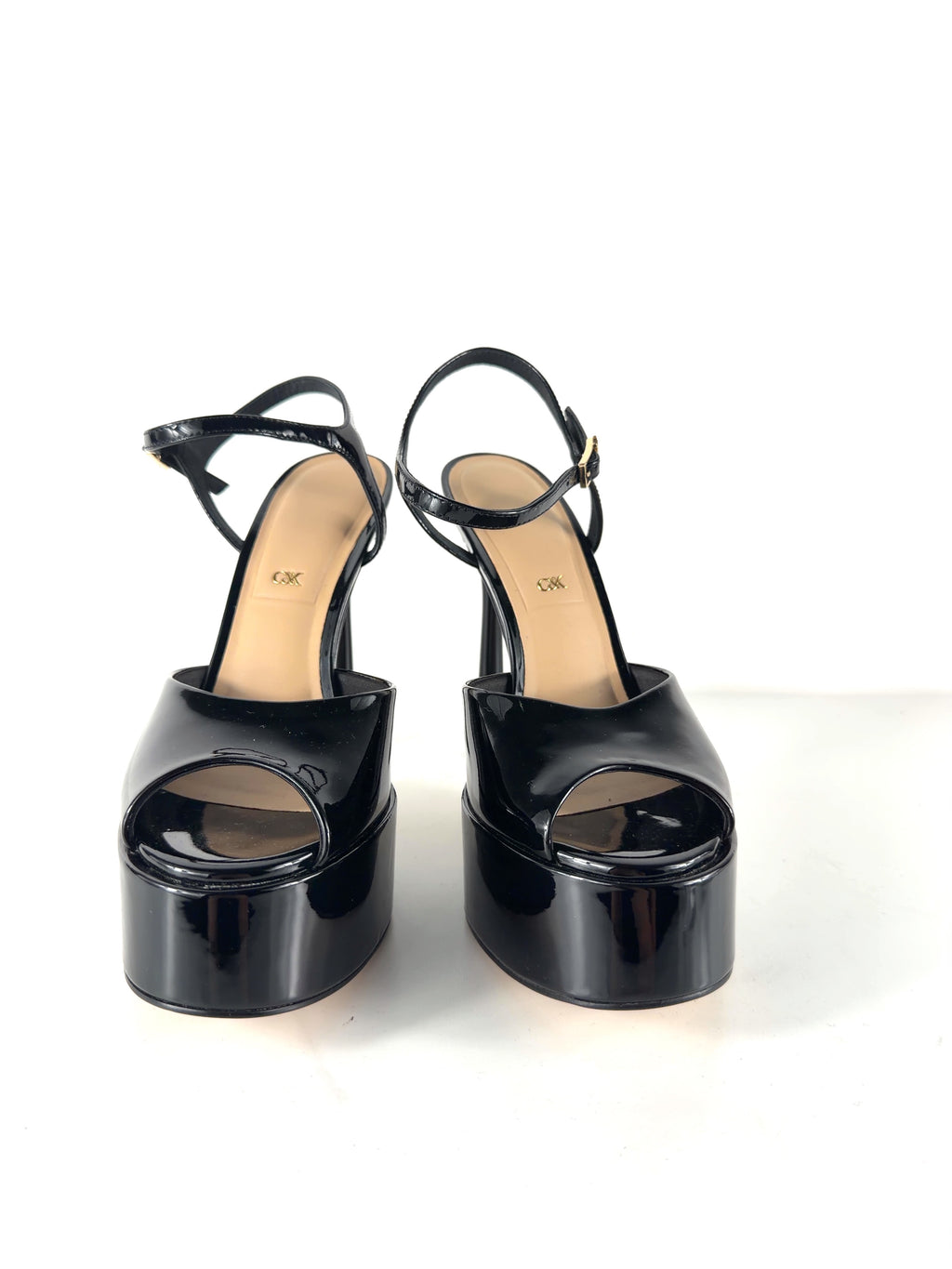 Charles & Keith Black Francesca Patent Leather Peep-Toe Platform Heels, size UK 5 EU 38 👠 — detail
