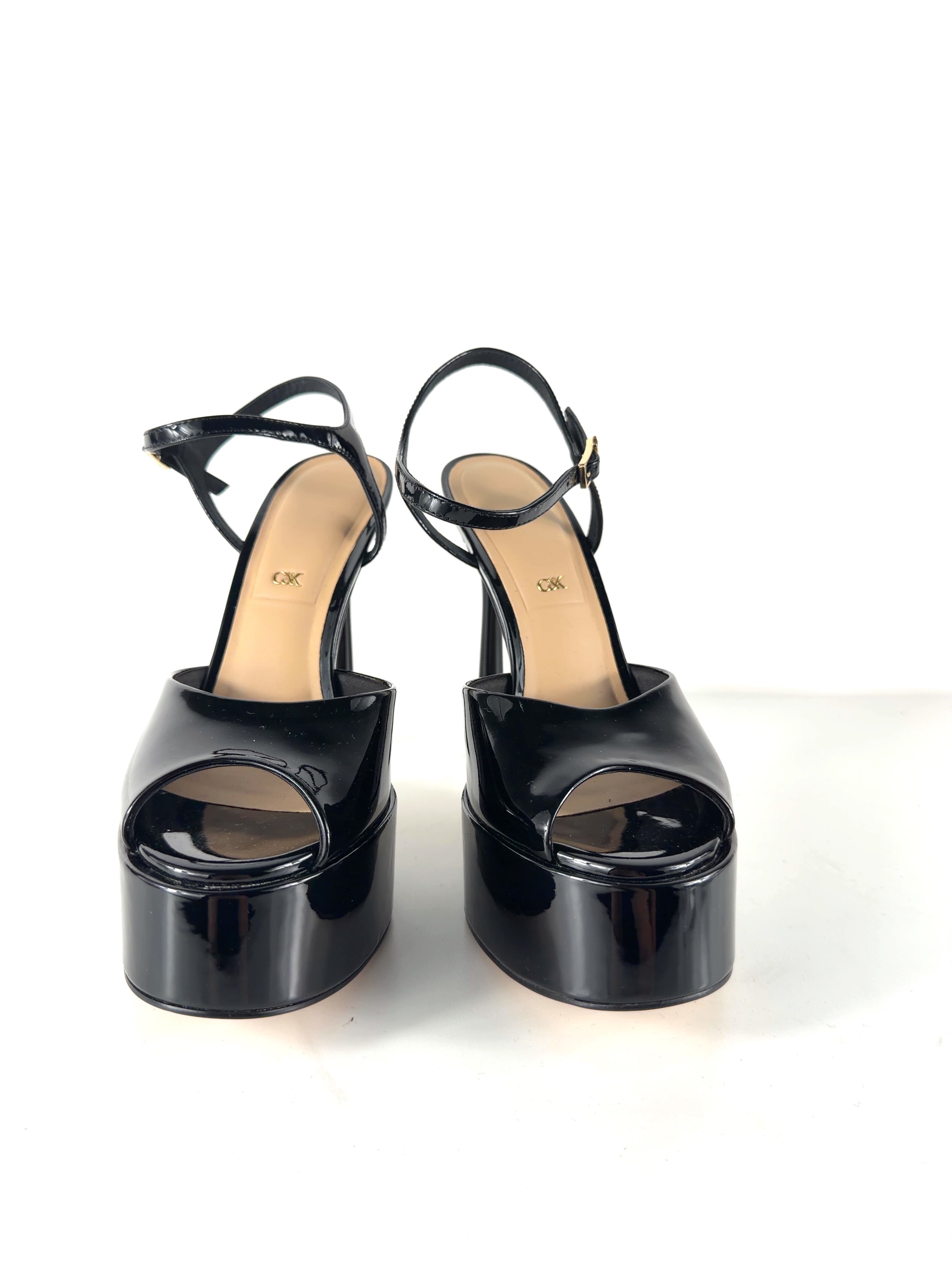 Charles & Keith Black Francesca Patent Leather Peep-Toe Platform Heels, size UK 5 EU 38 👠 — detail