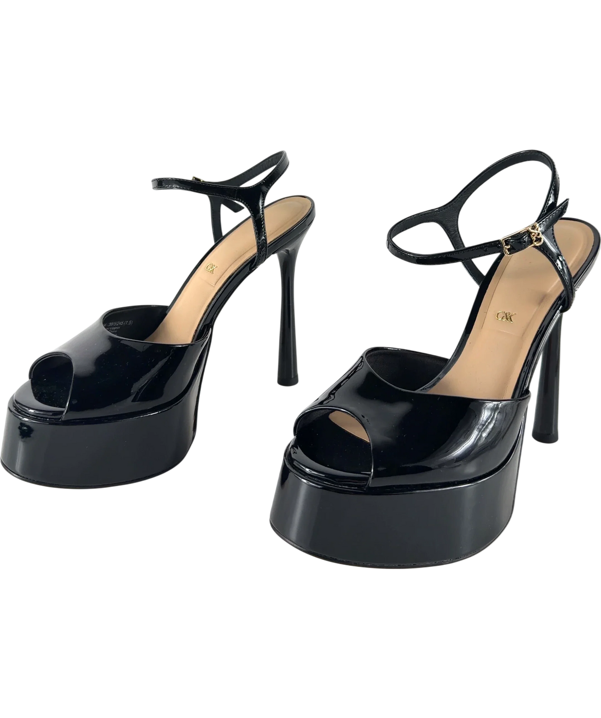 Charles & Keith Black Francesca Patent Leather Peep-Toe Platform Heels, size UK 5 EU 38 👠 — label