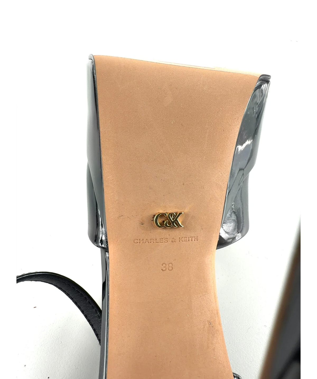 Charles & Keith Black Francesca Patent Leather Peep-Toe Platform Heels, size UK 5 EU 38 👠 — care label