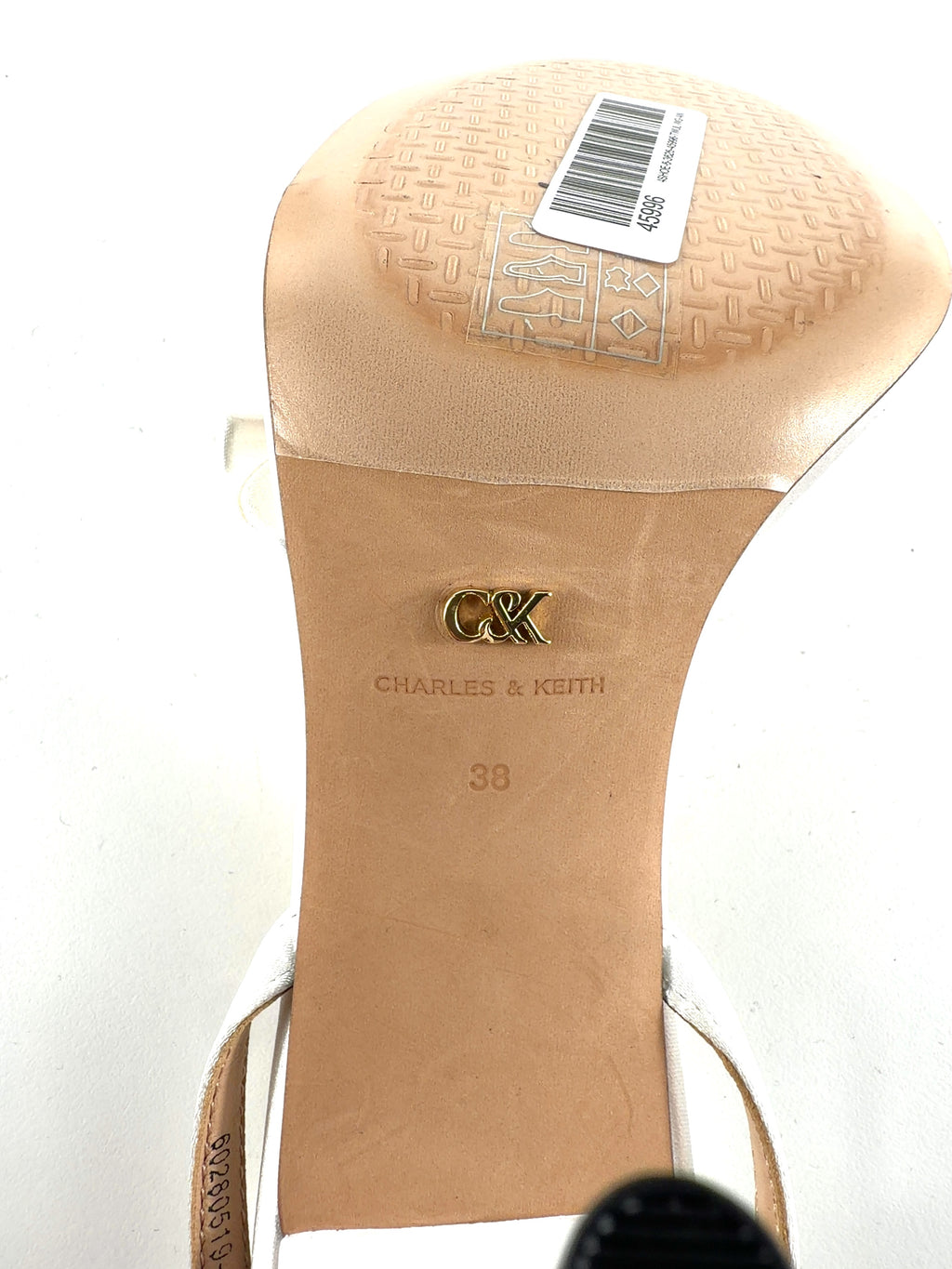 Charles & Keith White Jessy Bow Ankle-Strap Stiletto-Heel Sandals, size UK 5 EU 38 👠 — fabric detail