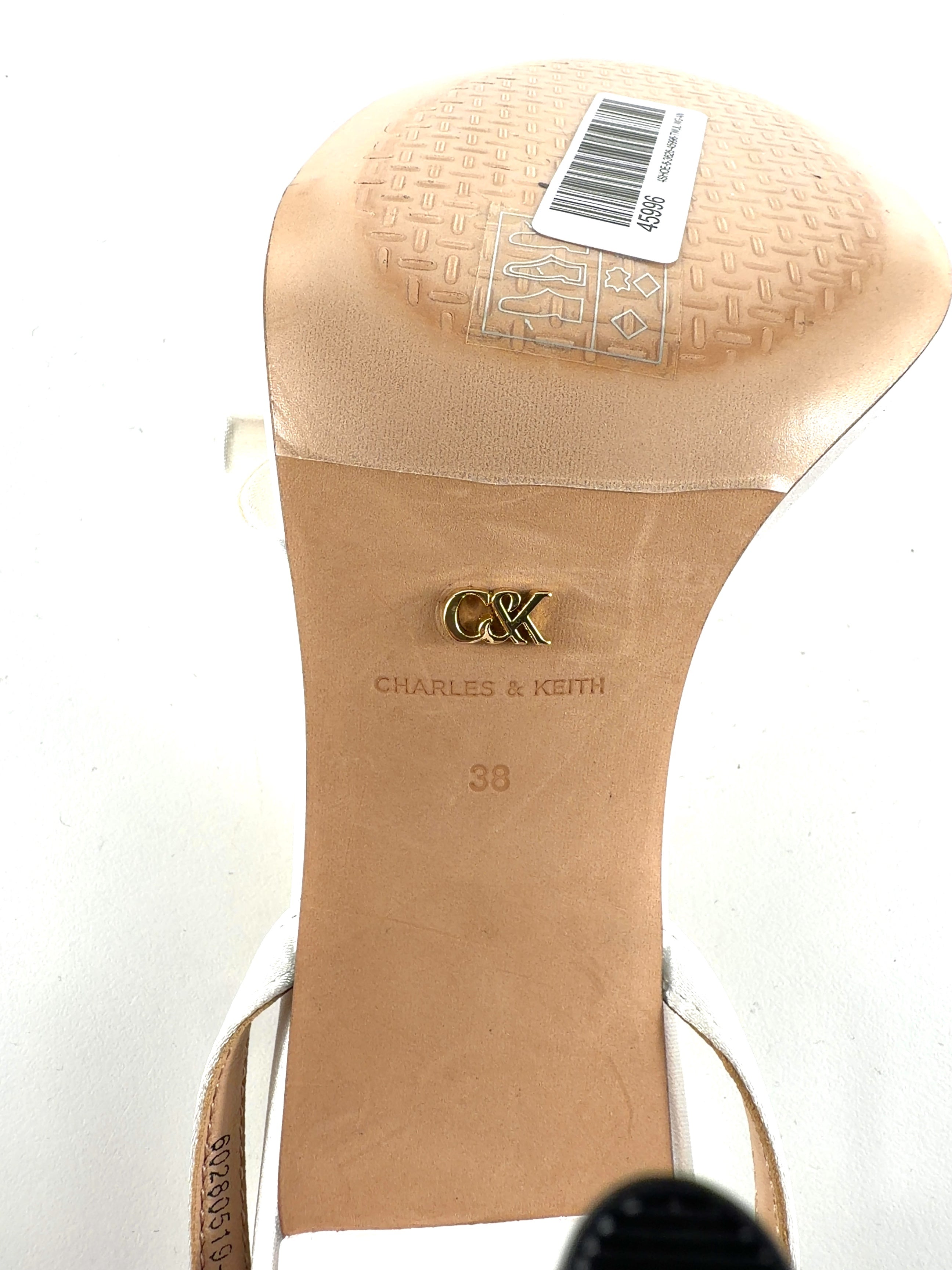 Charles & Keith White Jessy Bow Ankle-Strap Stiletto-Heel Sandals, size UK 5 EU 38 👠 — fabric detail