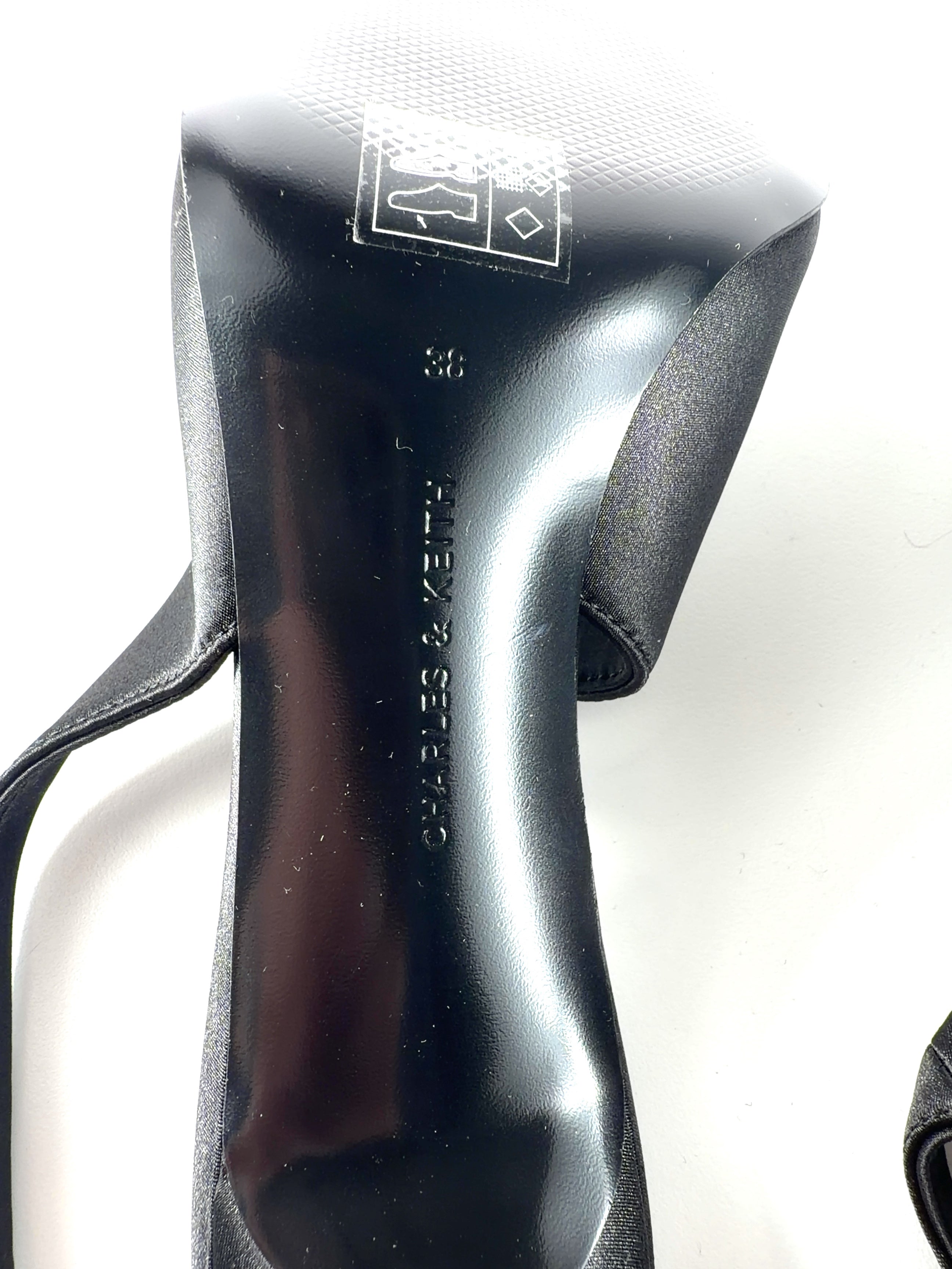 Charles & Keith Black Satin Ruched Stiletto Slingback Pumps, size UK 5 EU 38 👠 — care label