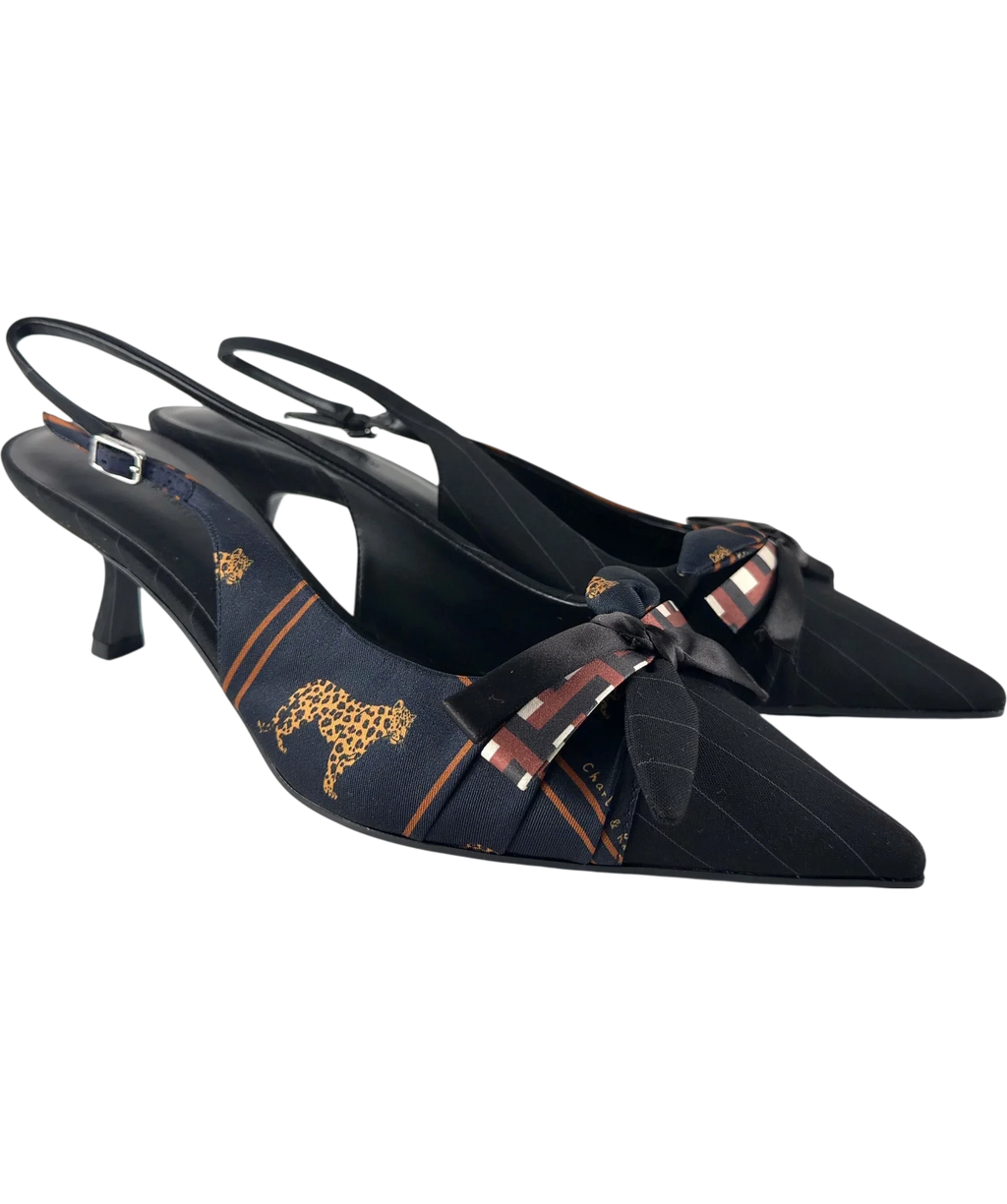 Charles & Keith Black Satin Printed-Bow Pointed Slingback Pumps, size UK 8 EU 41 👠 — front