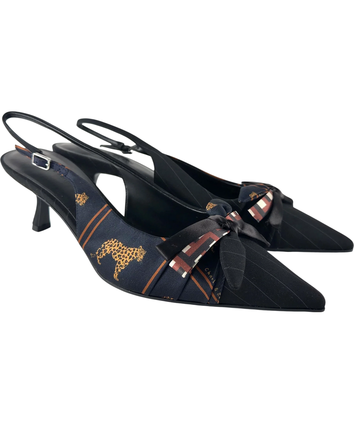 Charles & Keith Black Satin Printed-Bow Pointed Slingback Pumps, size UK 8 EU 41 👠 — front