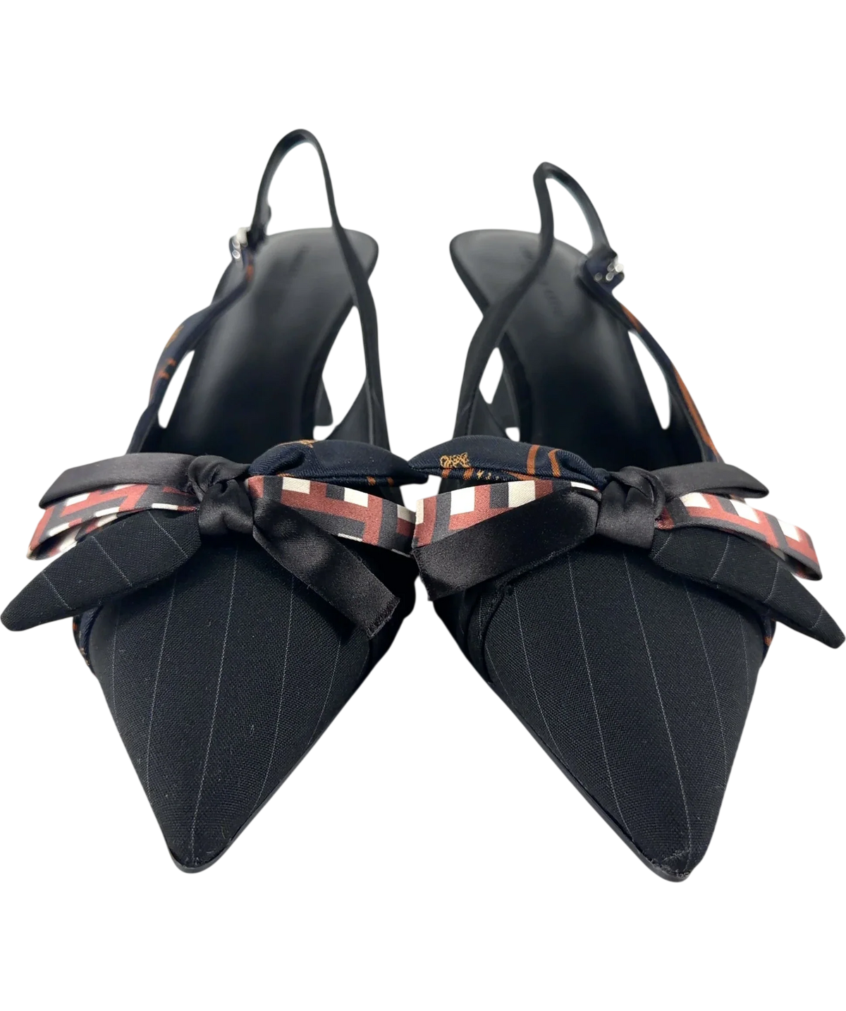 Charles & Keith Satin Printed-Bow Pointed Slingback Pumps Black UK 8 — Front (both, face on)