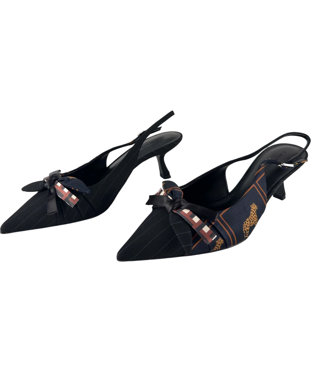 Charles & Keith Black Satin Printed-Bow Pointed Slingback Pumps, size UK 8 EU 41 👠 — label