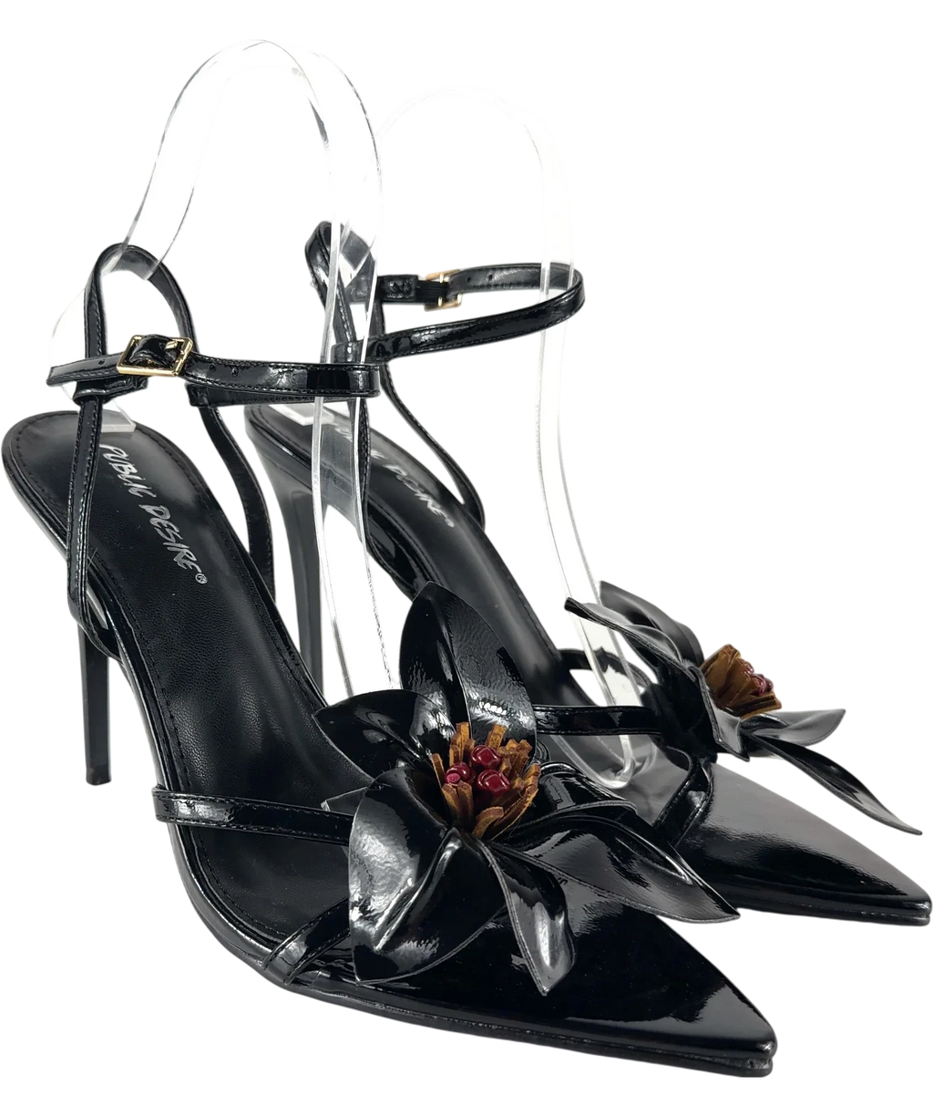 Public Desire Black Ondine Black Patent 3D Floral Barely There Stiletto High Heels, size UK 6 EU 39 👠 — front