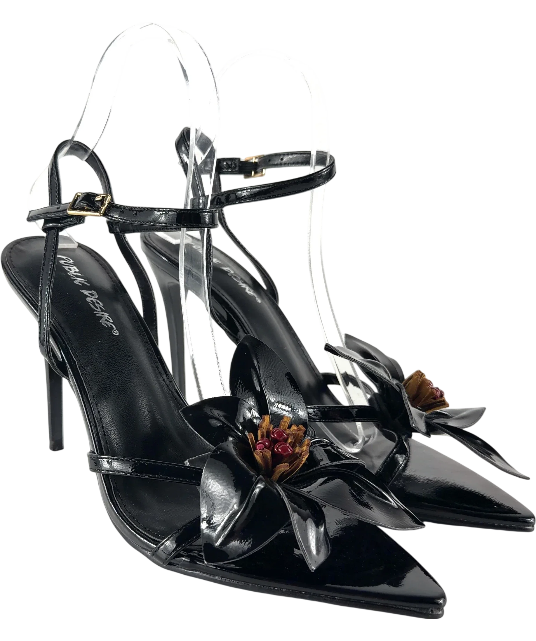 Public Desire Black Ondine Black Patent 3D Floral Barely There Stiletto High Heels, size UK 6 EU 39 👠 — front