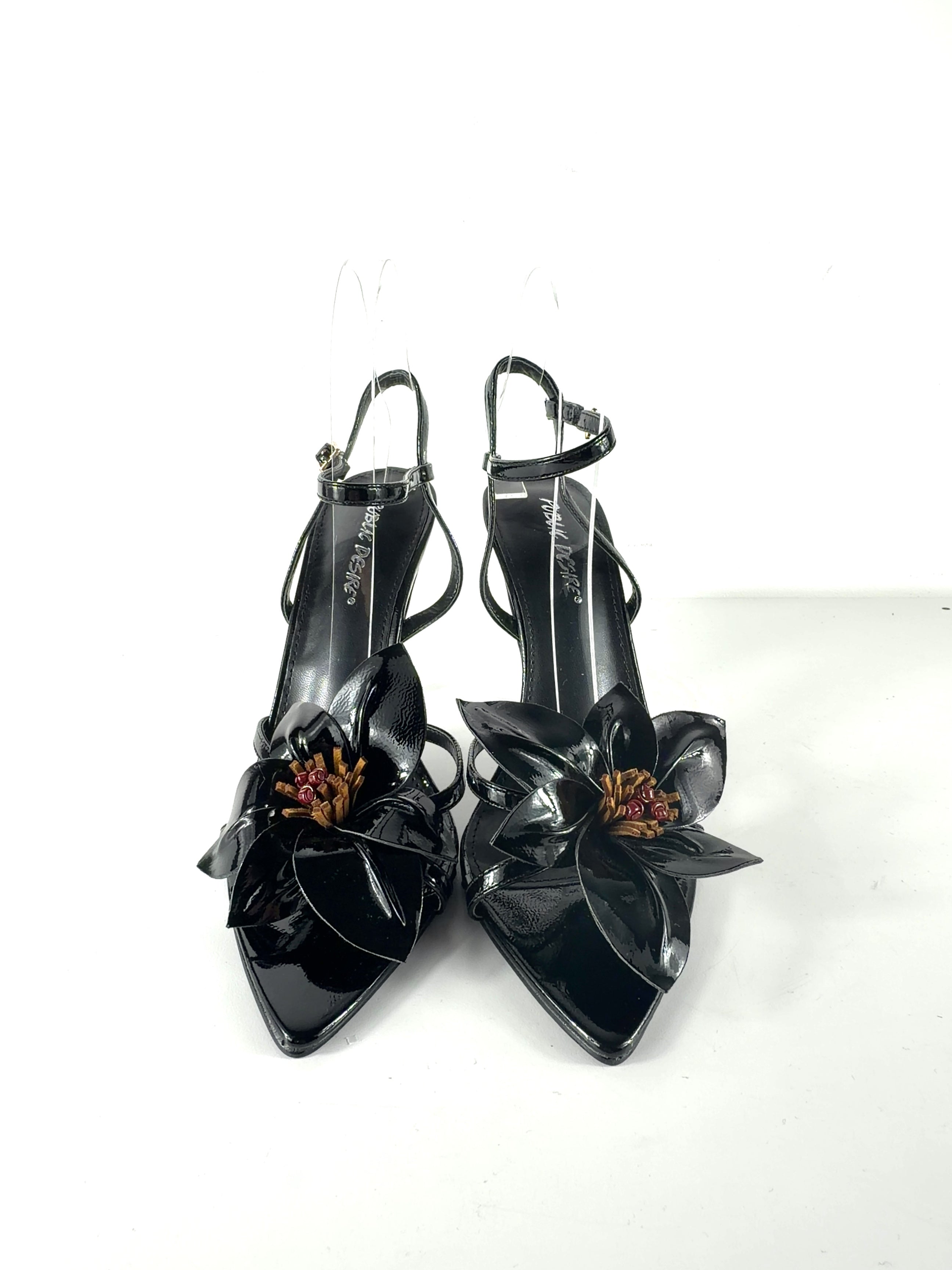 Public Desire Black Ondine Black Patent 3D Floral Barely There Stiletto High Heels, size UK 6 EU 39 👠 — detail