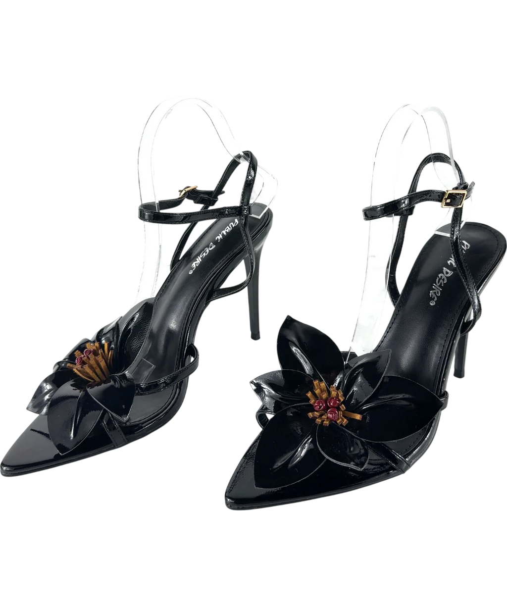 Public Desire Black Ondine Black Patent 3D Floral Barely There Stiletto High Heels, size UK 6 EU 39 👠 — label