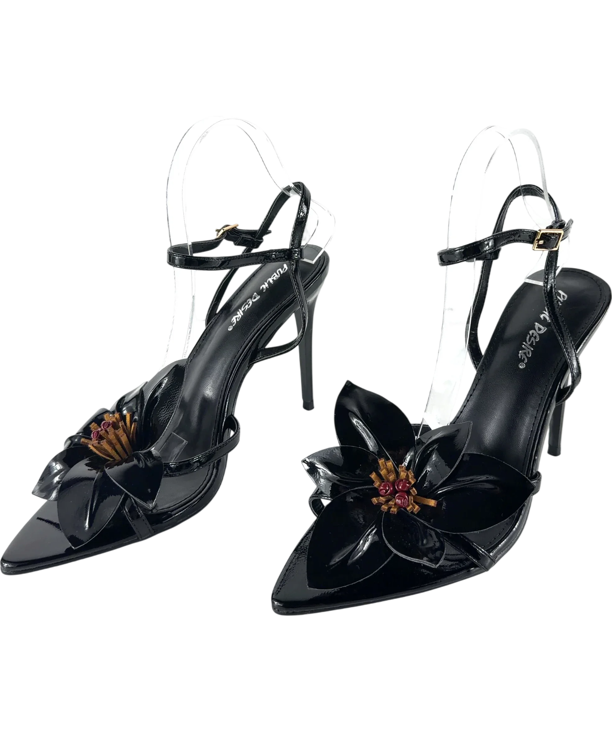 Public Desire Black Ondine Black Patent 3D Floral Barely There Stiletto High Heels, size UK 6 EU 39 👠 — label
