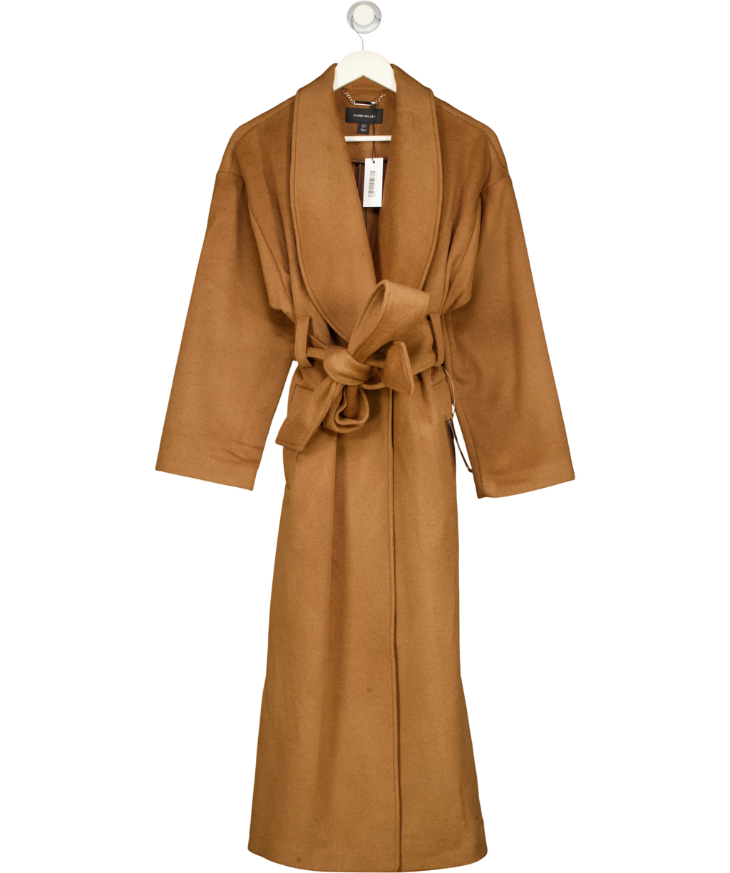 KAREN MILLEN camel Brushed Wool Belted Wrap Tailored Maxi Coat, size UK 10 — front