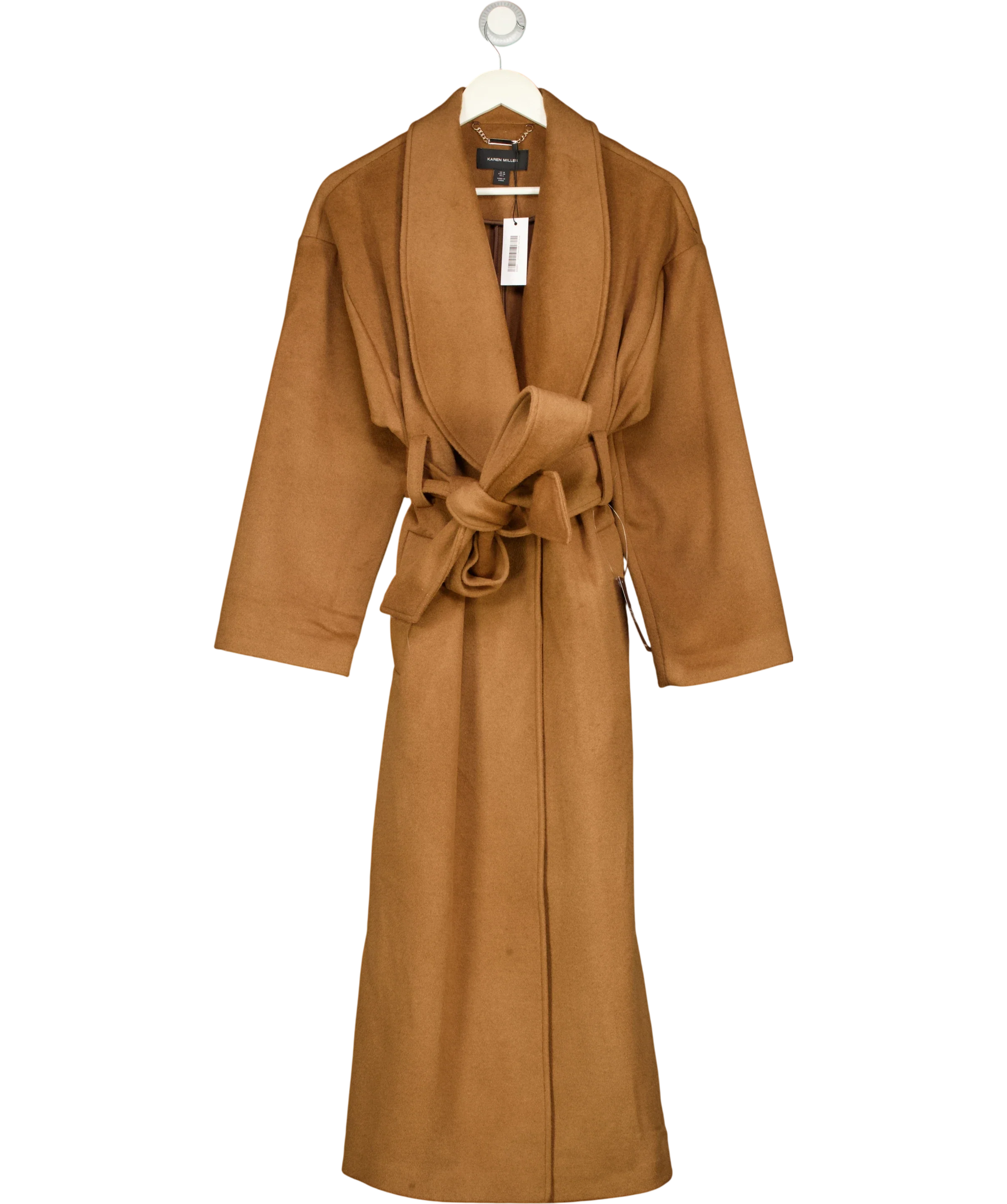 KAREN MILLEN camel Brushed Wool Belted Wrap Tailored Maxi Coat, size UK 10 — front