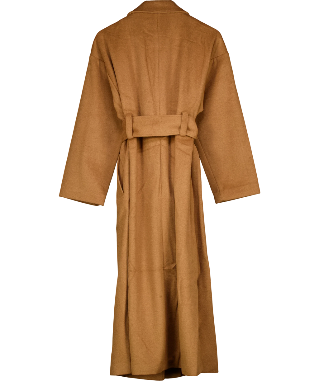 KAREN MILLEN camel Brushed Wool Belted Wrap Tailored Maxi Coat, size UK 10 — back