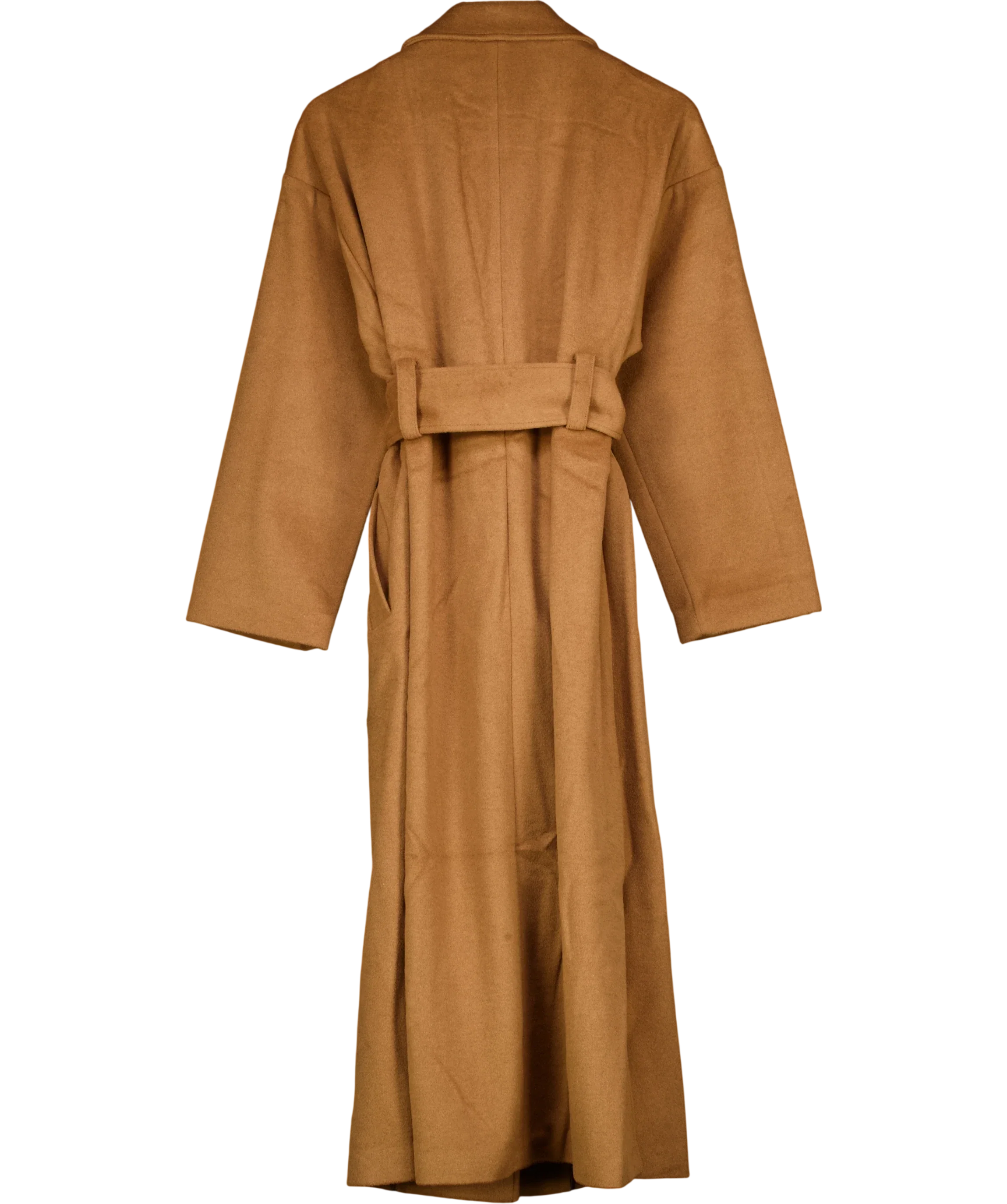 KAREN MILLEN camel Brushed Wool Belted Wrap Tailored Maxi Coat, size UK 10 — back