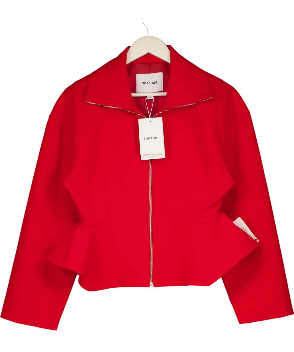 TOPSHOP Red Tailored Zip Through Peplum Top, size UK 10 — front