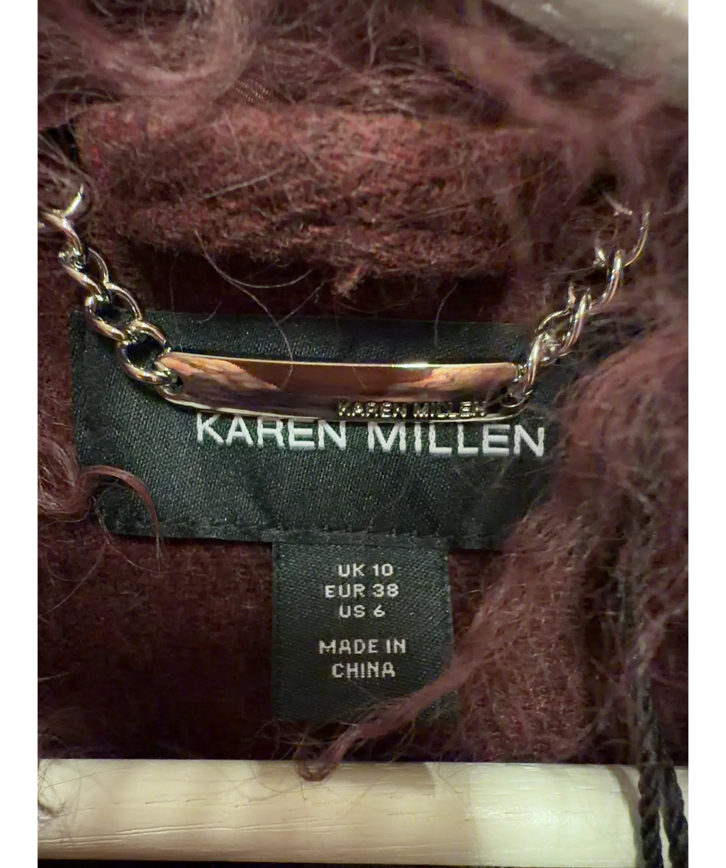KAREN MILLEN burgundy Wool Detachable Collar Tailored Double Breasted Midi Coat, size UK 10 — detail