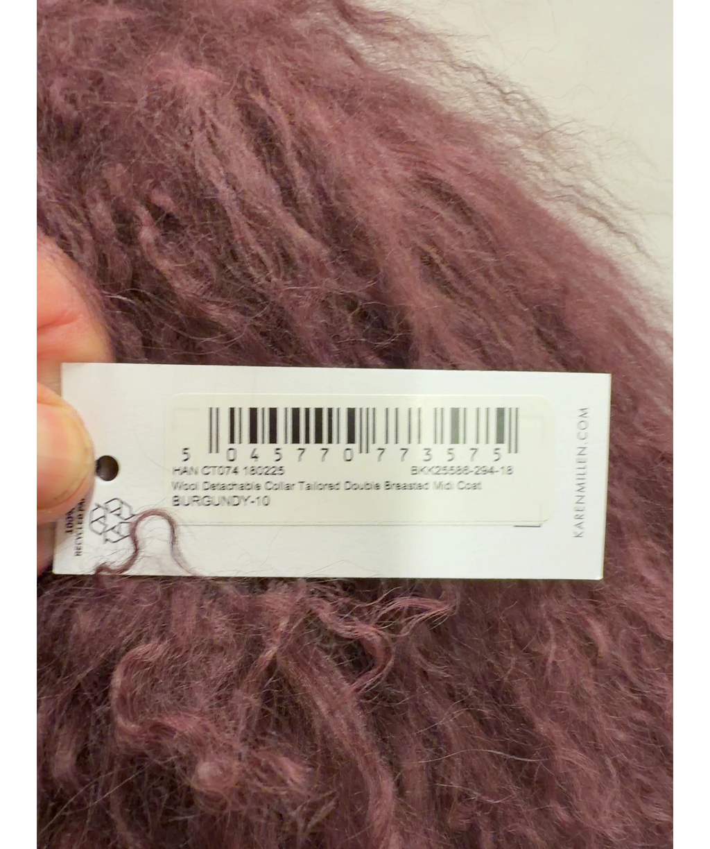 KAREN MILLEN burgundy Wool Detachable Collar Tailored Double Breasted Midi Coat, size UK 10 — label