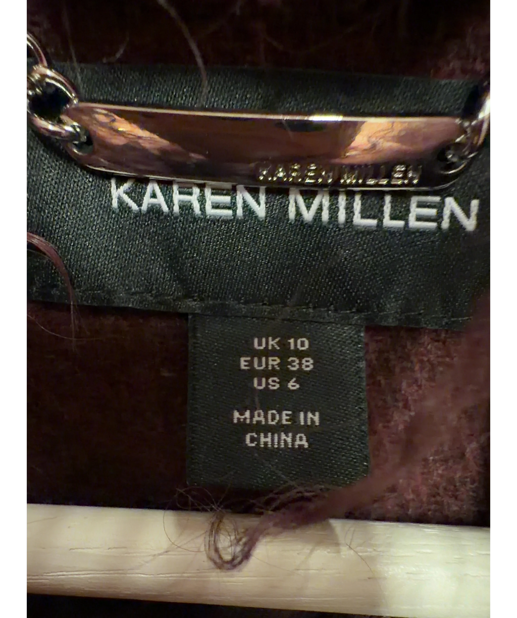 KAREN MILLEN burgundy Wool Detachable Collar Tailored Double Breasted Midi Coat, size UK 10 — care label