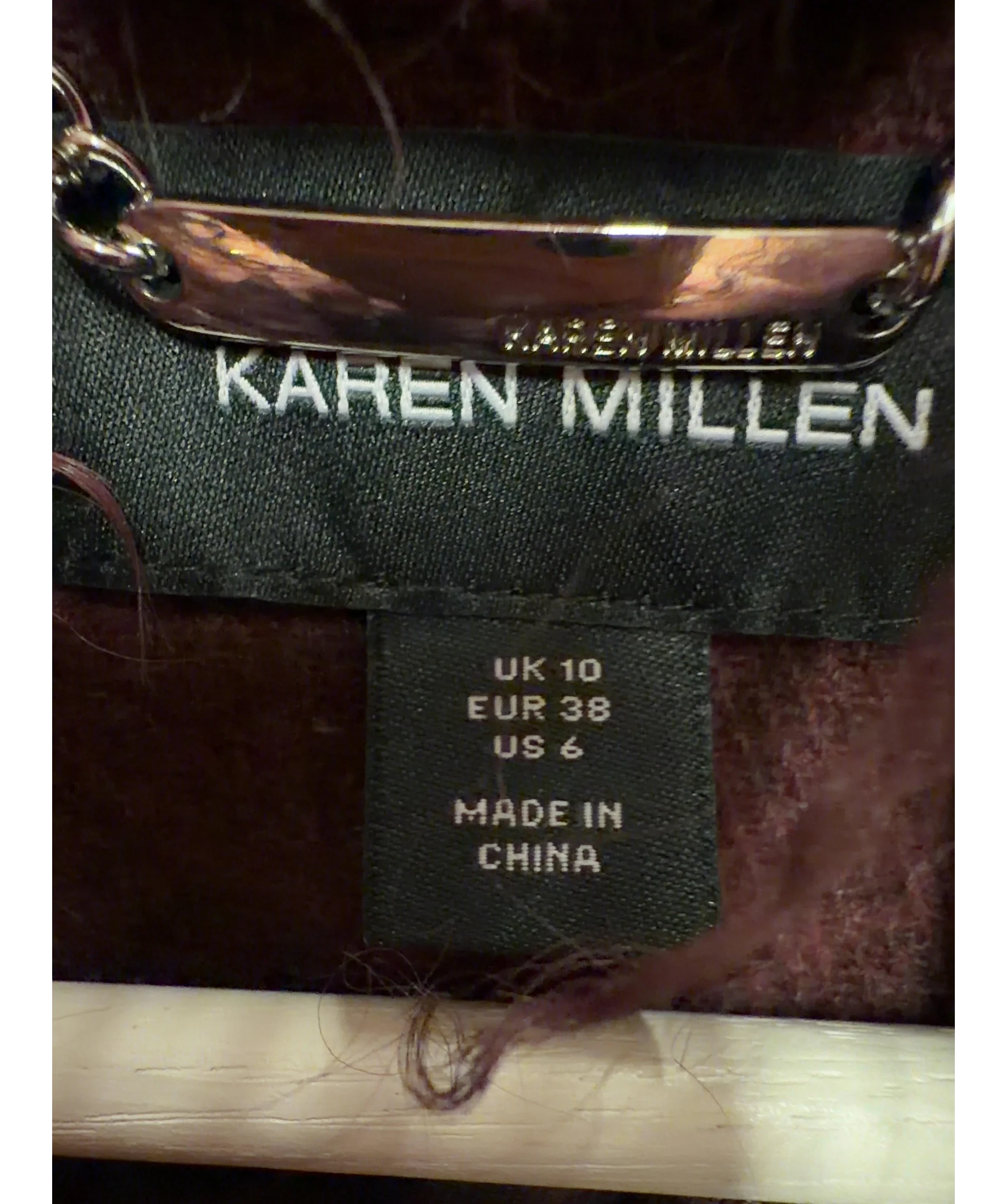 KAREN MILLEN burgundy Wool Detachable Collar Tailored Double Breasted Midi Coat, size UK 10 — care label