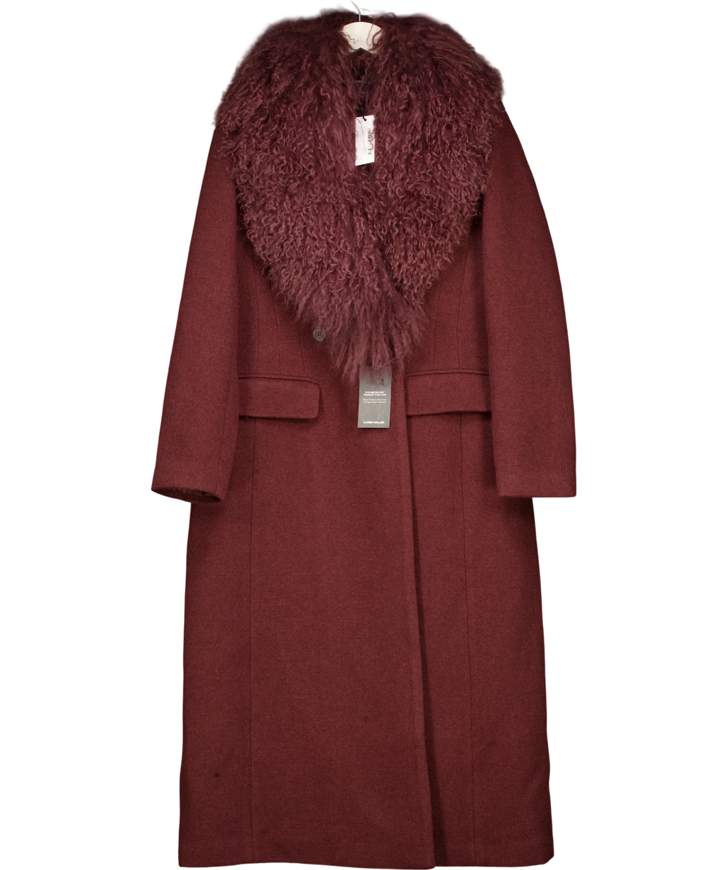 KAREN MILLEN burgundy Wool Detachable Collar Tailored Double Breasted Midi Coat, size UK 10 — front