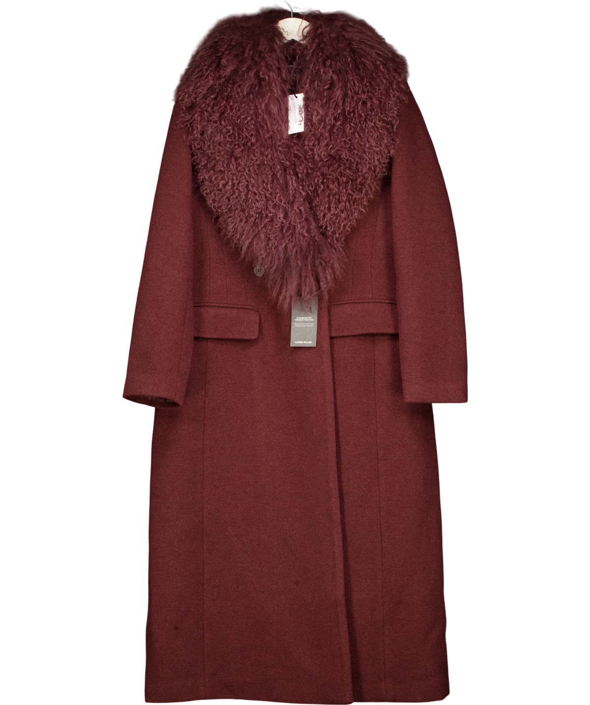 KAREN MILLEN burgundy Wool Detachable Collar Tailored Double Breasted Midi Coat, size UK 10 — front