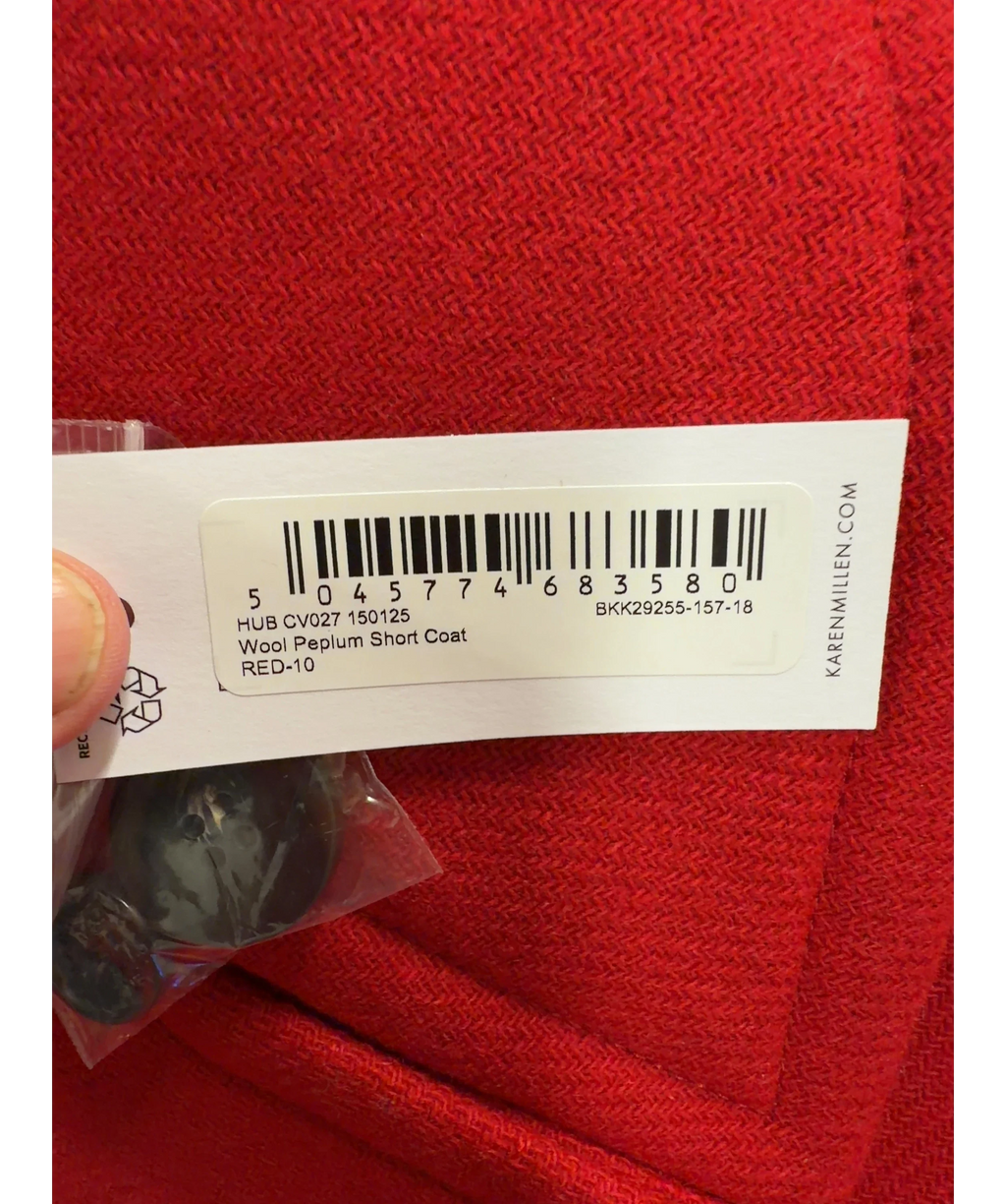 KAREN MILLEN Red Wool Peplum Short Coat, size UK 10 — label