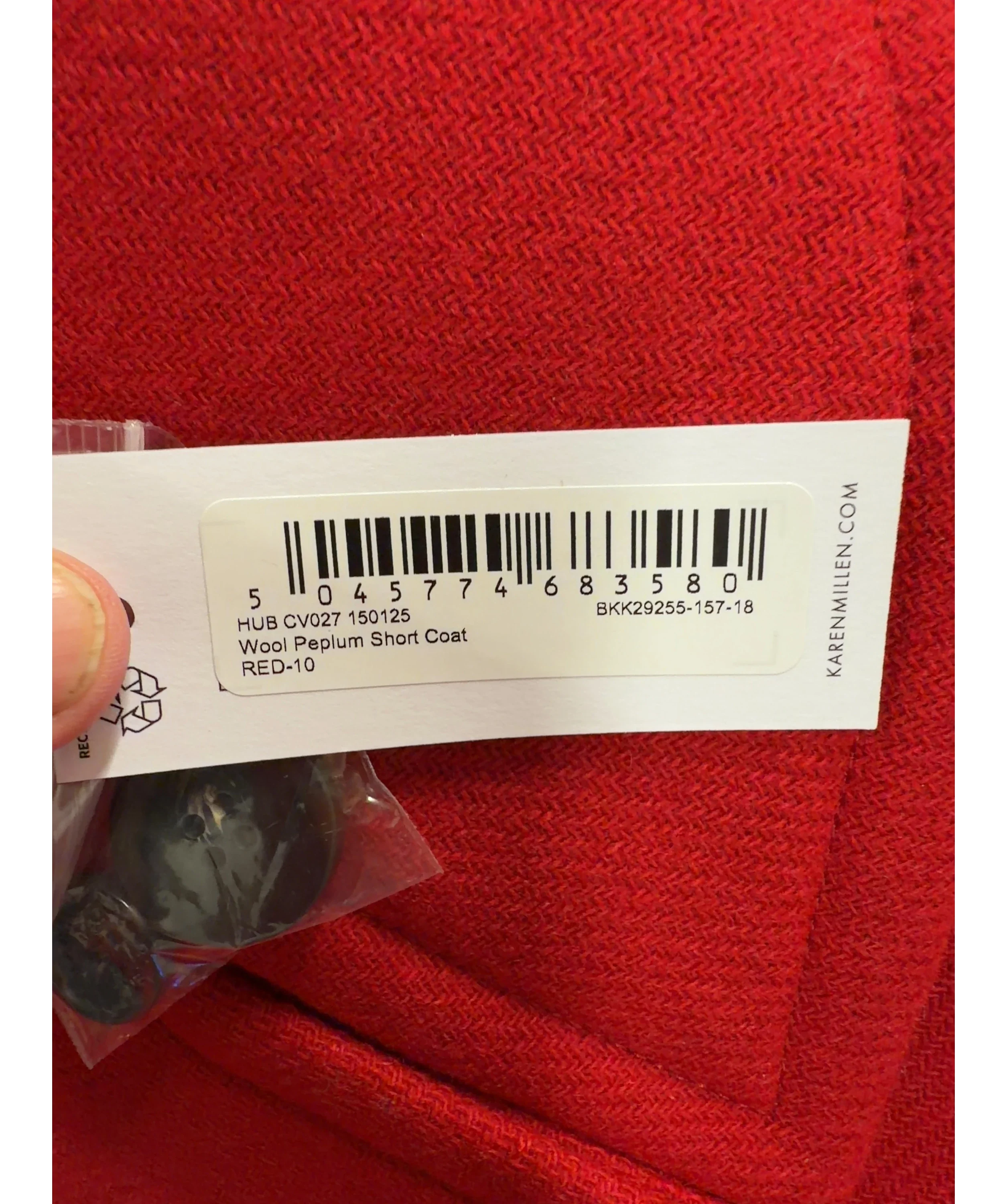 KAREN MILLEN Red Wool Peplum Short Coat, size UK 10 — label