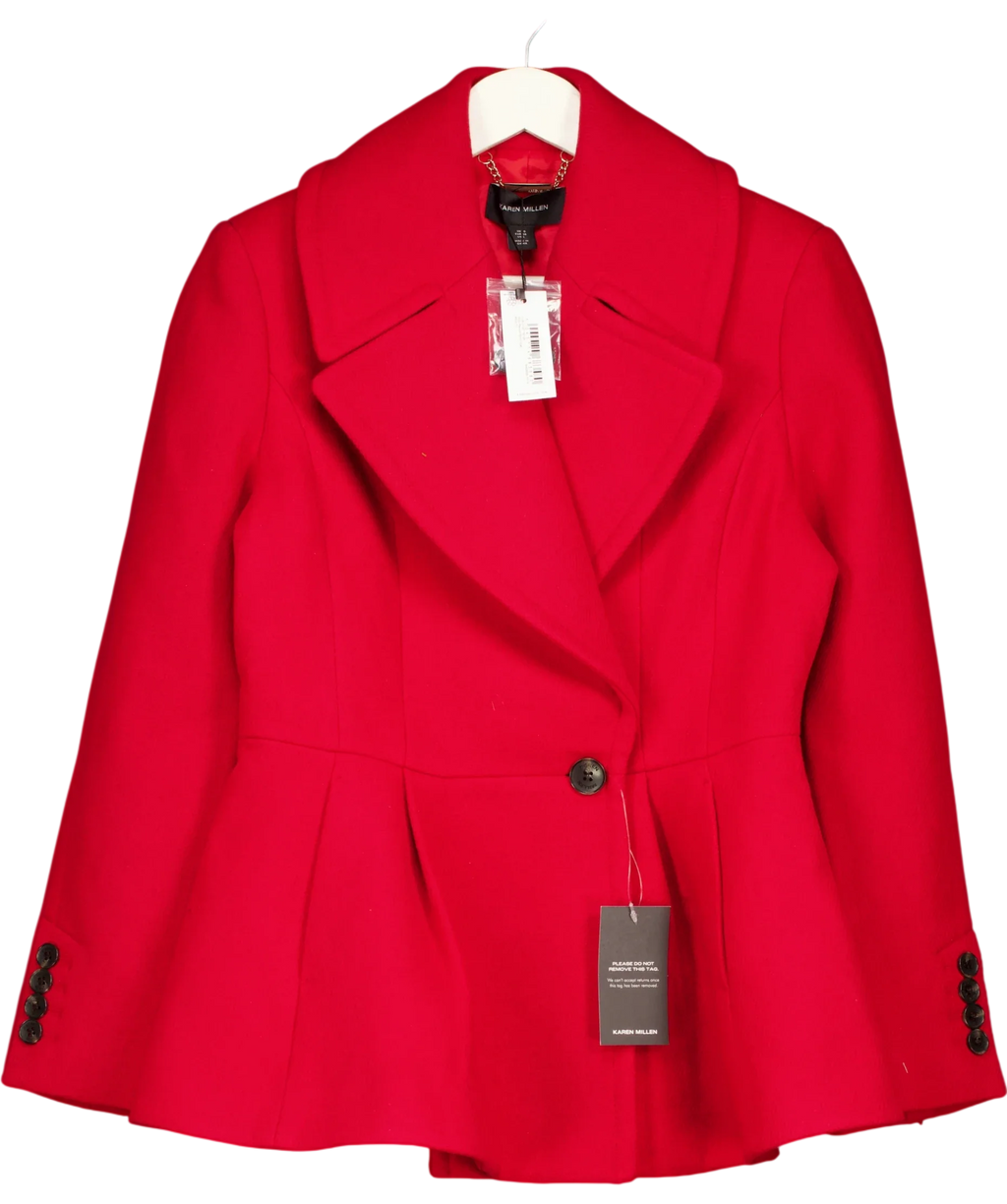 KAREN MILLEN Red Wool Peplum Short Coat, size UK 10 — front