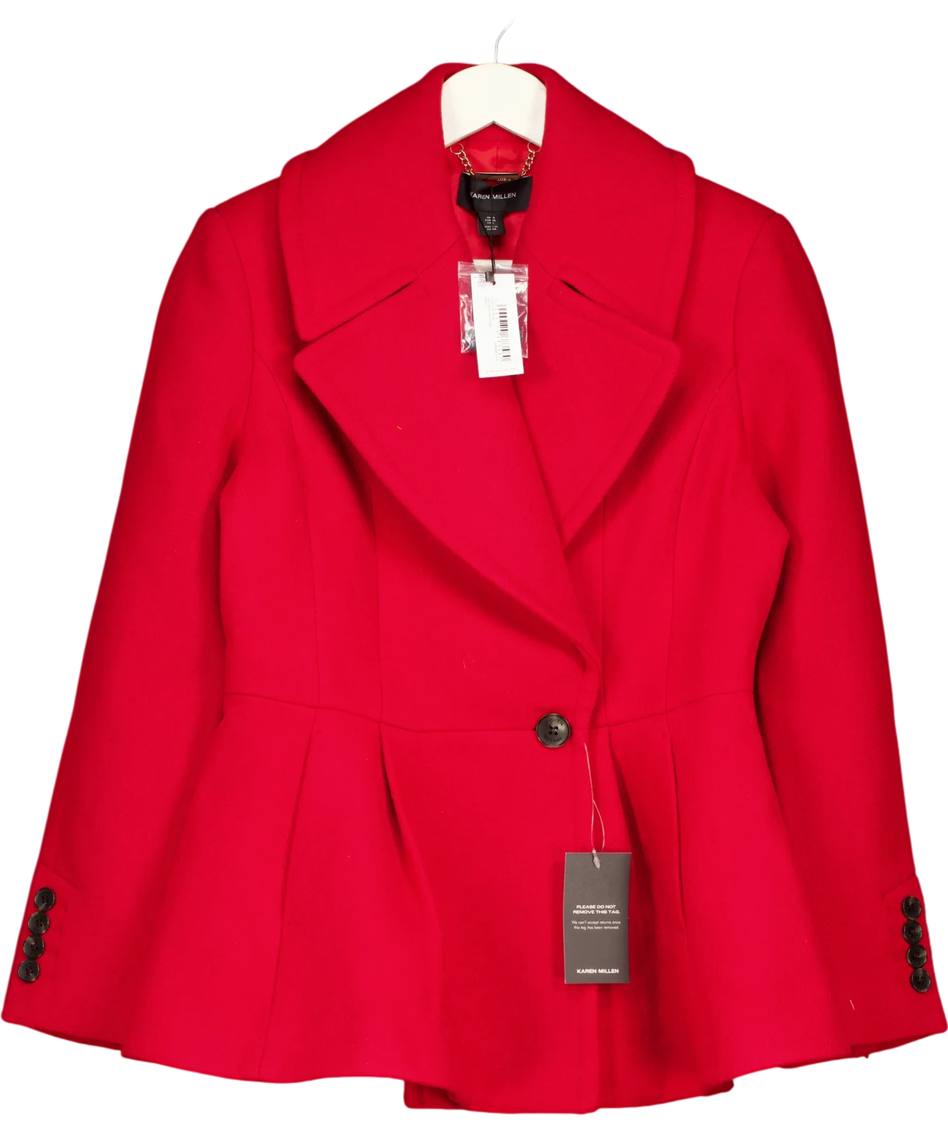 KAREN MILLEN Red Wool Peplum Short Coat, size UK 10 — front