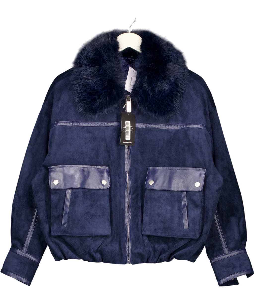 KAREN MILLEN navy Faux Leather Mix Short Bomber Jacket, size UK 8 — front