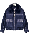 KAREN MILLEN navy Faux Leather Mix Short Bomber Jacket, size UK 8 — front