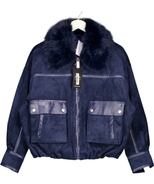 Karen Millen Faux Leather Mix Short Bomber Jacket Blue UK 8