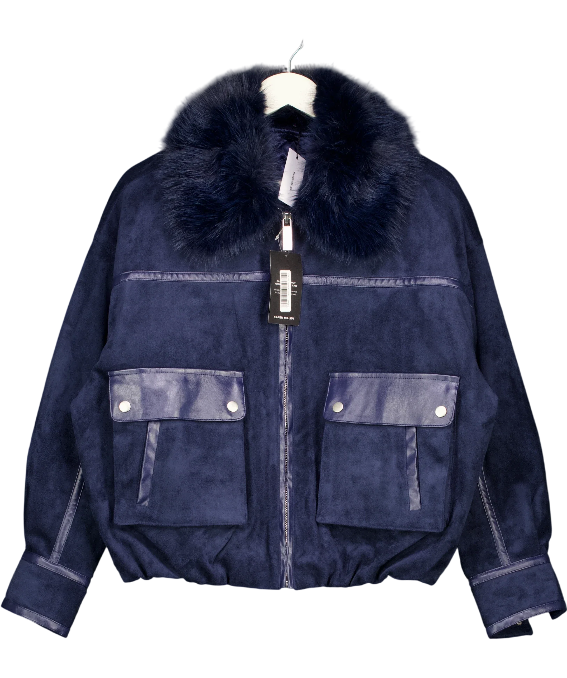 KAREN MILLEN navy Faux Leather Mix Short Bomber Jacket, size UK 8 — front