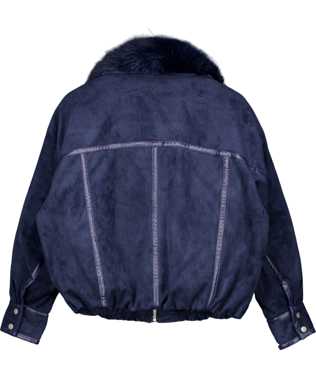 KAREN MILLEN navy Faux Leather Mix Short Bomber Jacket, size UK 8 — back